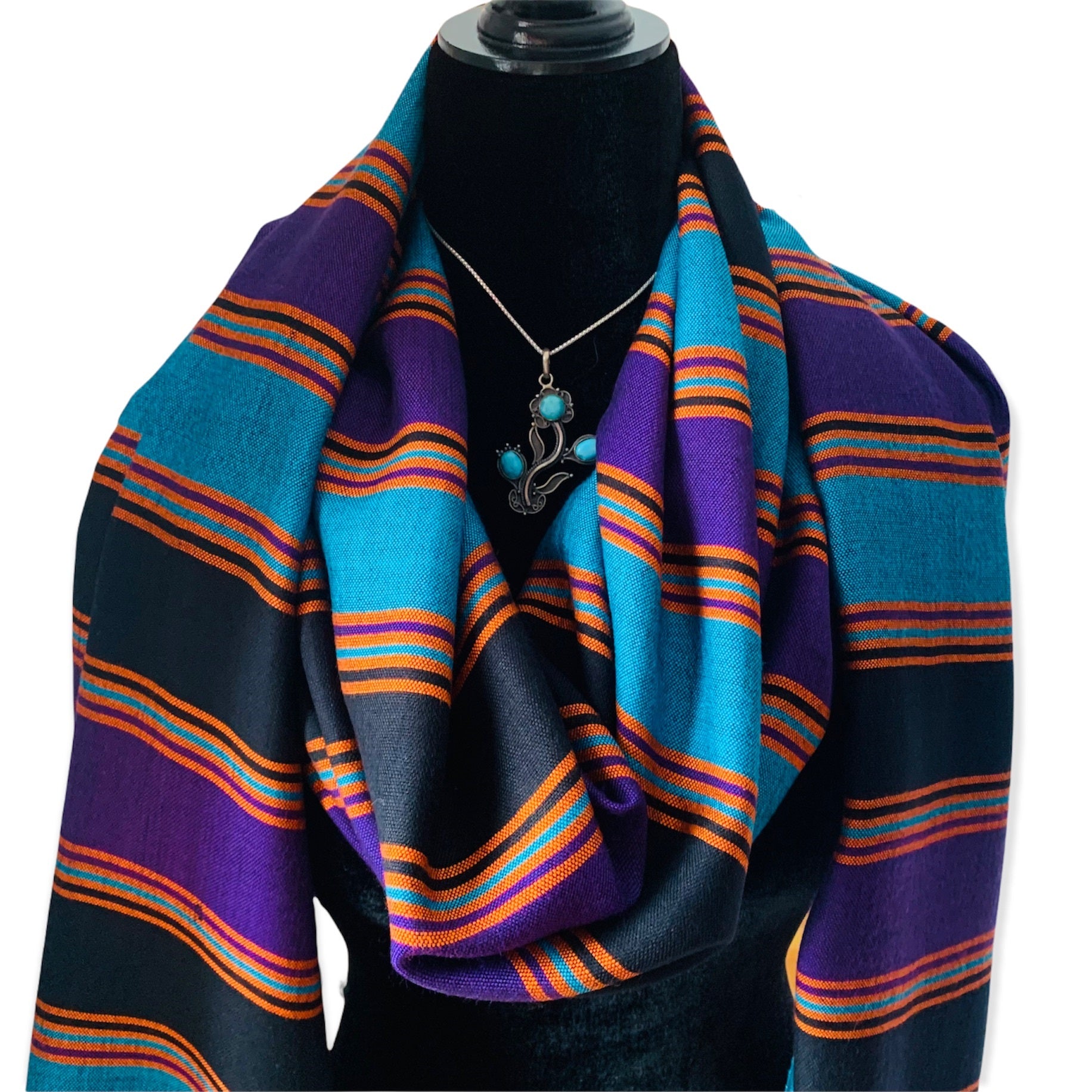 Horizontally Striped Handwoven Scarf - Black, Turquoise & Mauve