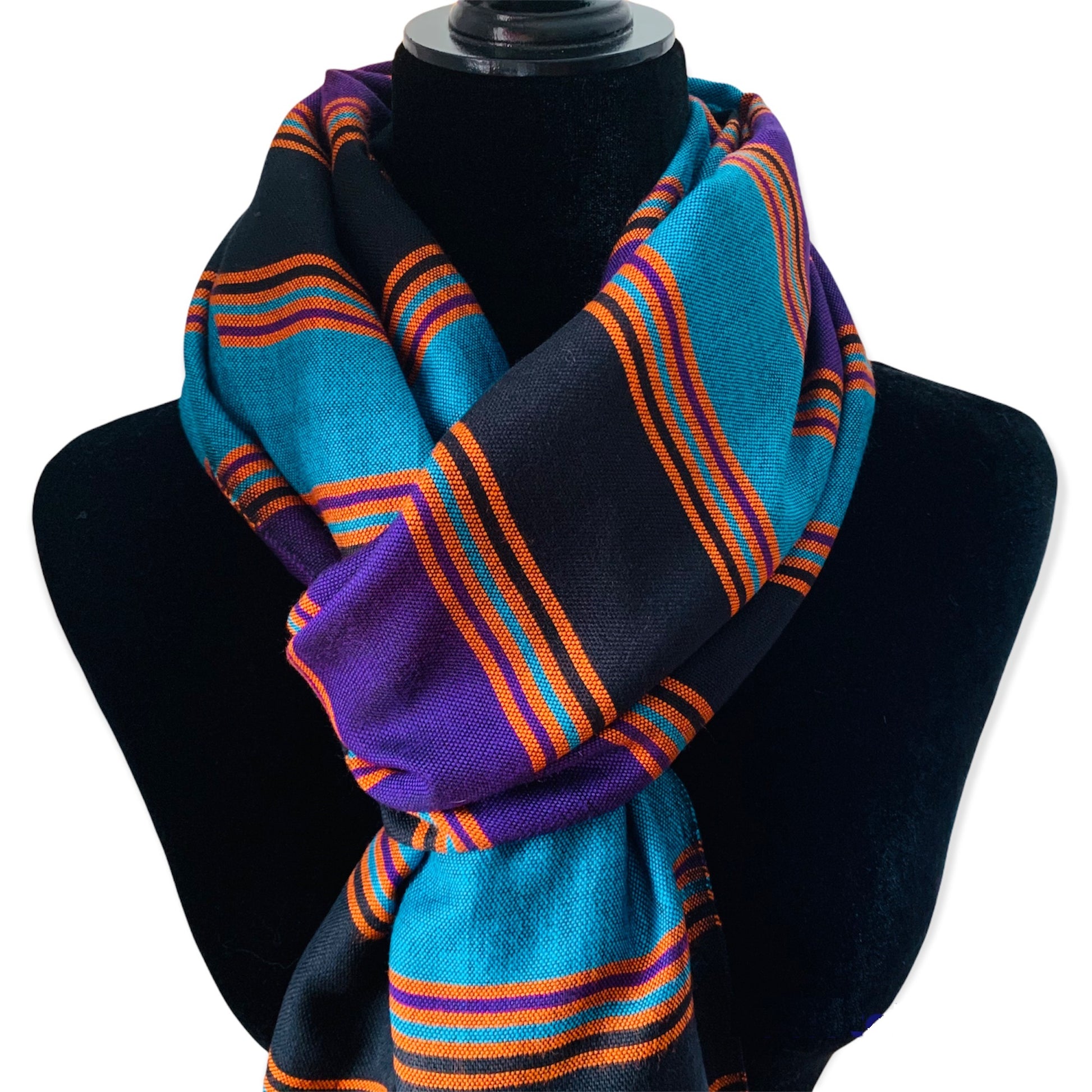 Horizontally Striped Handwoven Scarf - Black, Turquoise & Mauve