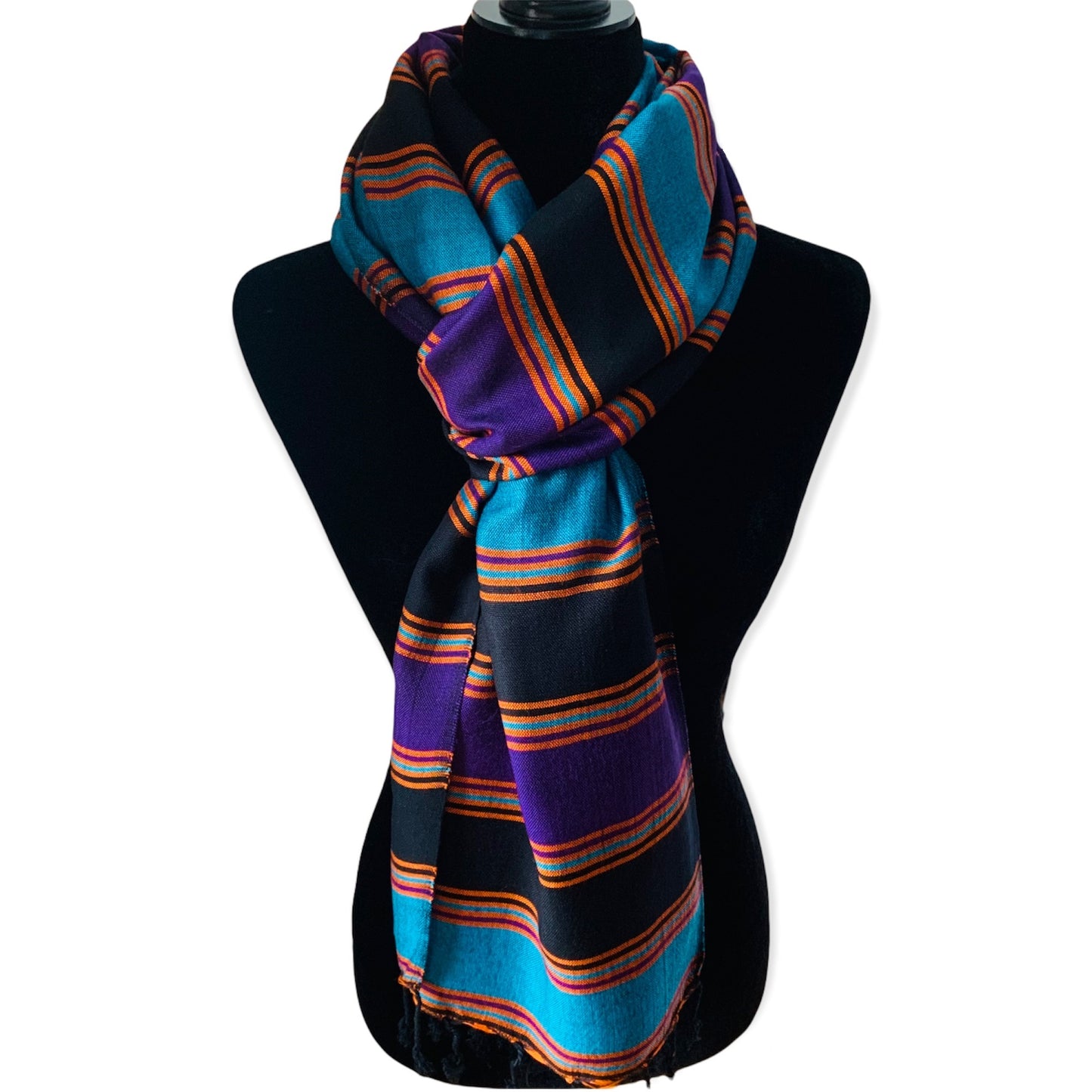 Horizontally Striped Handwoven Scarf - Black, Turquoise & Mauve