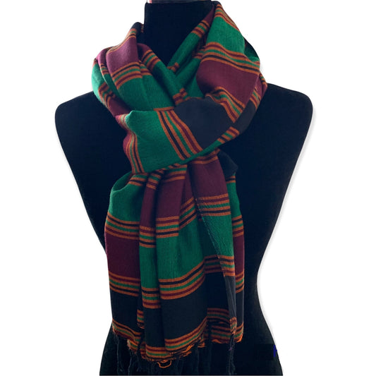 Horizontally Striped Handwoven Scarf - Green & Burgundy