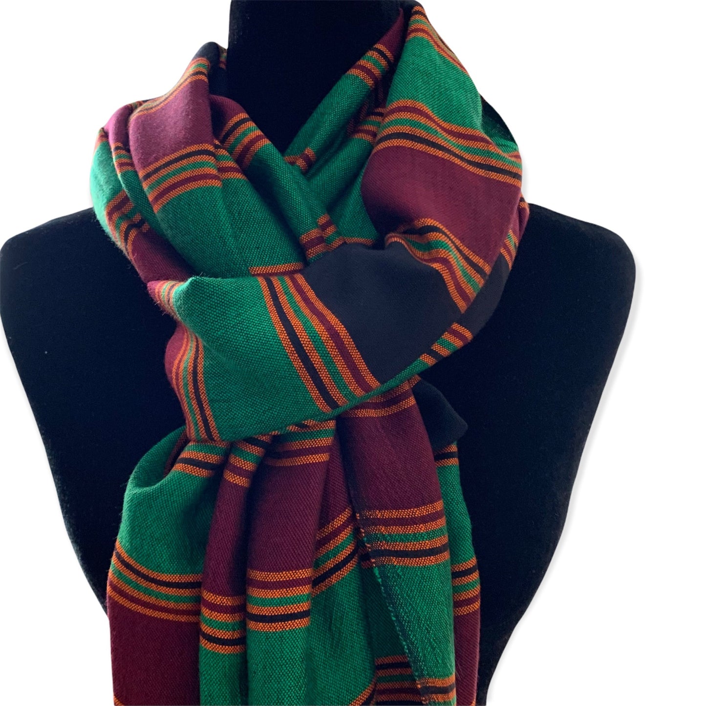 Horizontally Striped Handwoven Scarf - Green & Burgundy