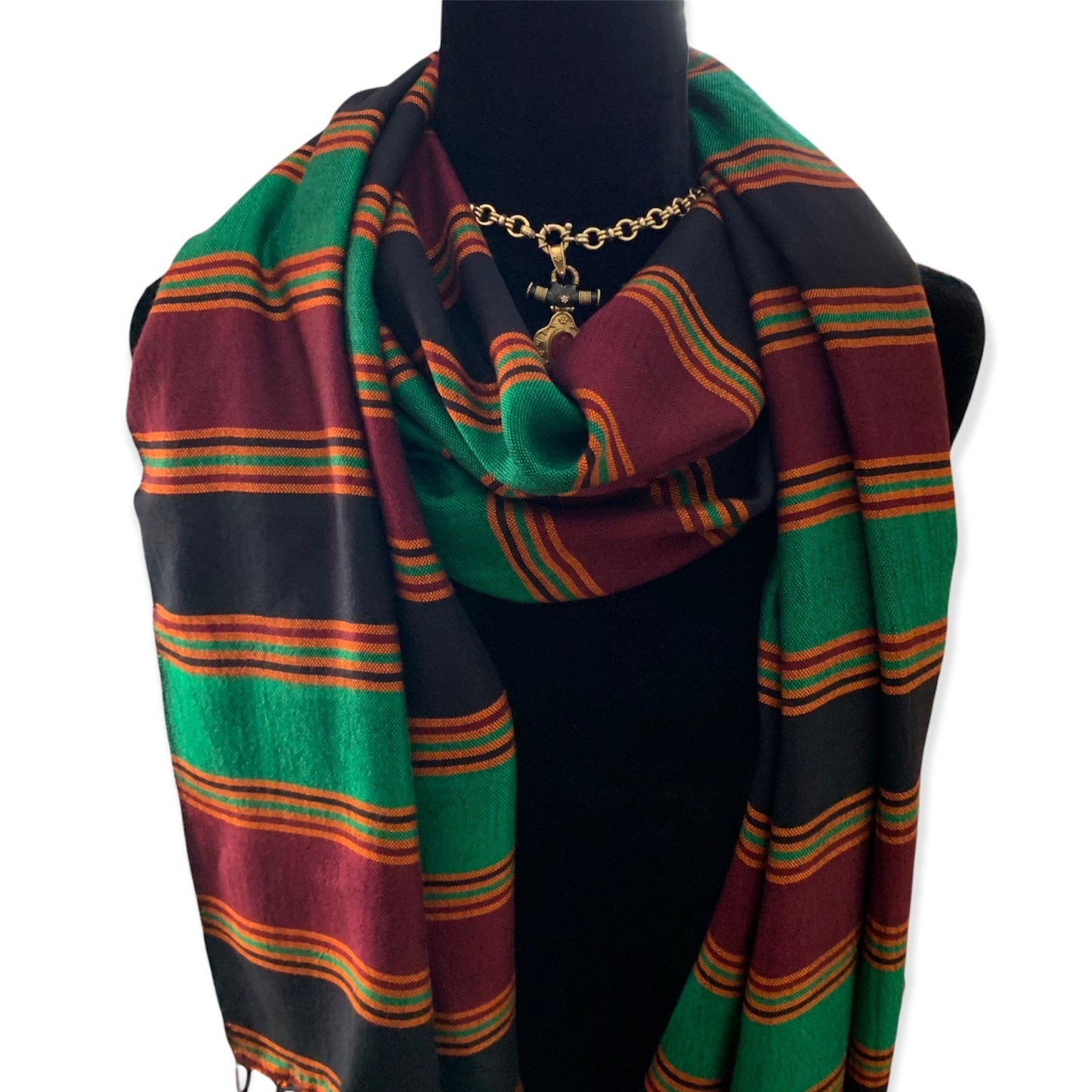 Horizontally Striped Handwoven Scarf - Green & Burgundy