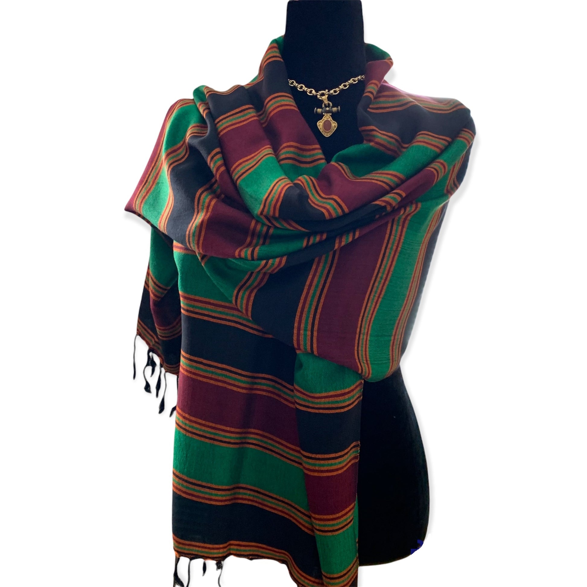 Horizontally Striped Handwoven Scarf - Green & Burgundy