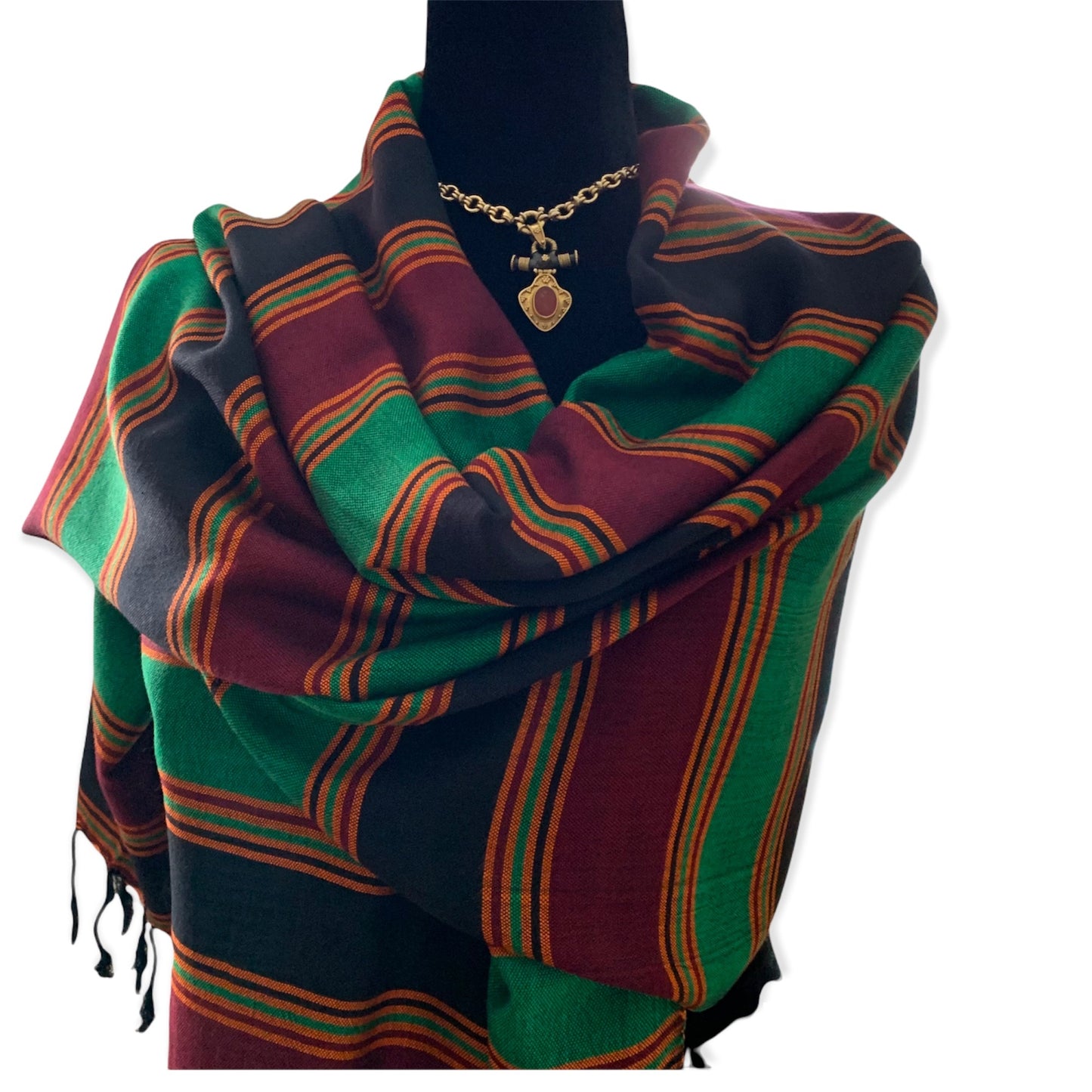 Horizontally Striped Handwoven Scarf - Green & Burgundy