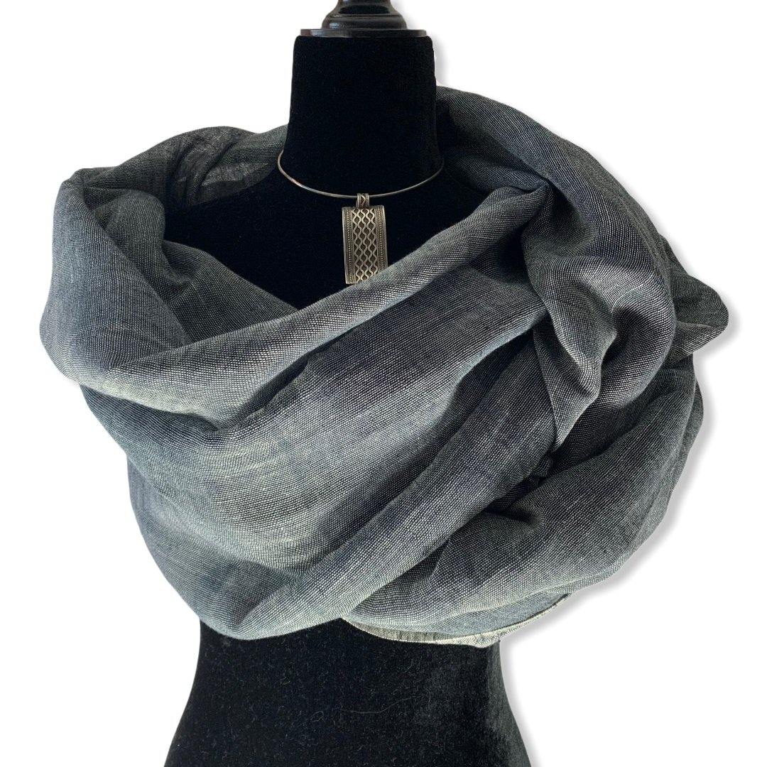 Fair Trade Handwoven Linen Scarf - Charcoal & white. Ethically Handmade by Artisans in Egypt