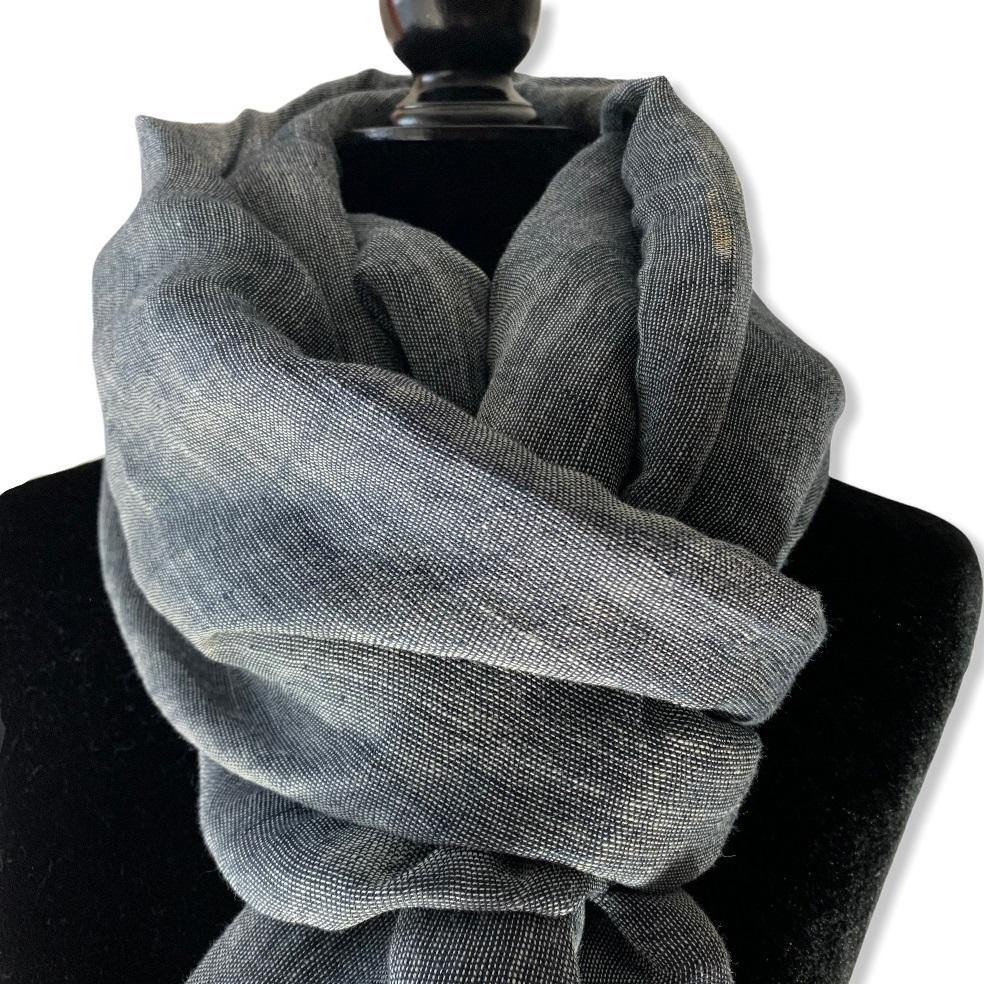 Fair Trade Handwoven Linen Scarf - Charcoal & white. Ethically Handmade by Artisans in Egypt