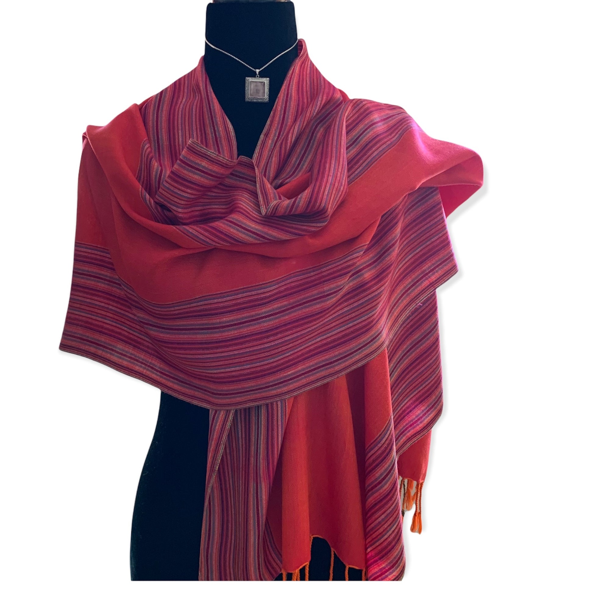Striped-frame Handwoven Scarf - Orange & Pink Charlotte