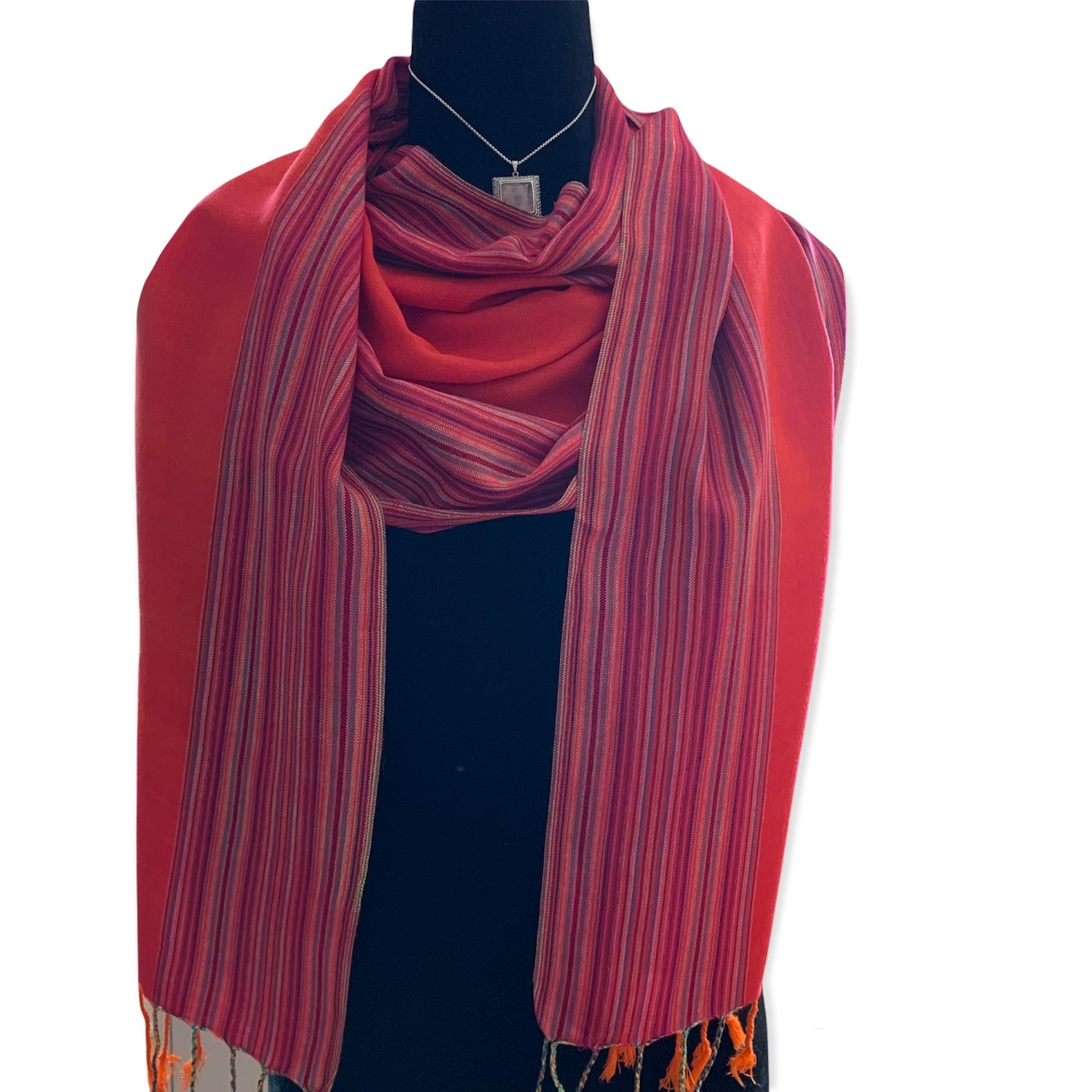 Striped-frame Handwoven Scarf - Orange & Pink Charlotte