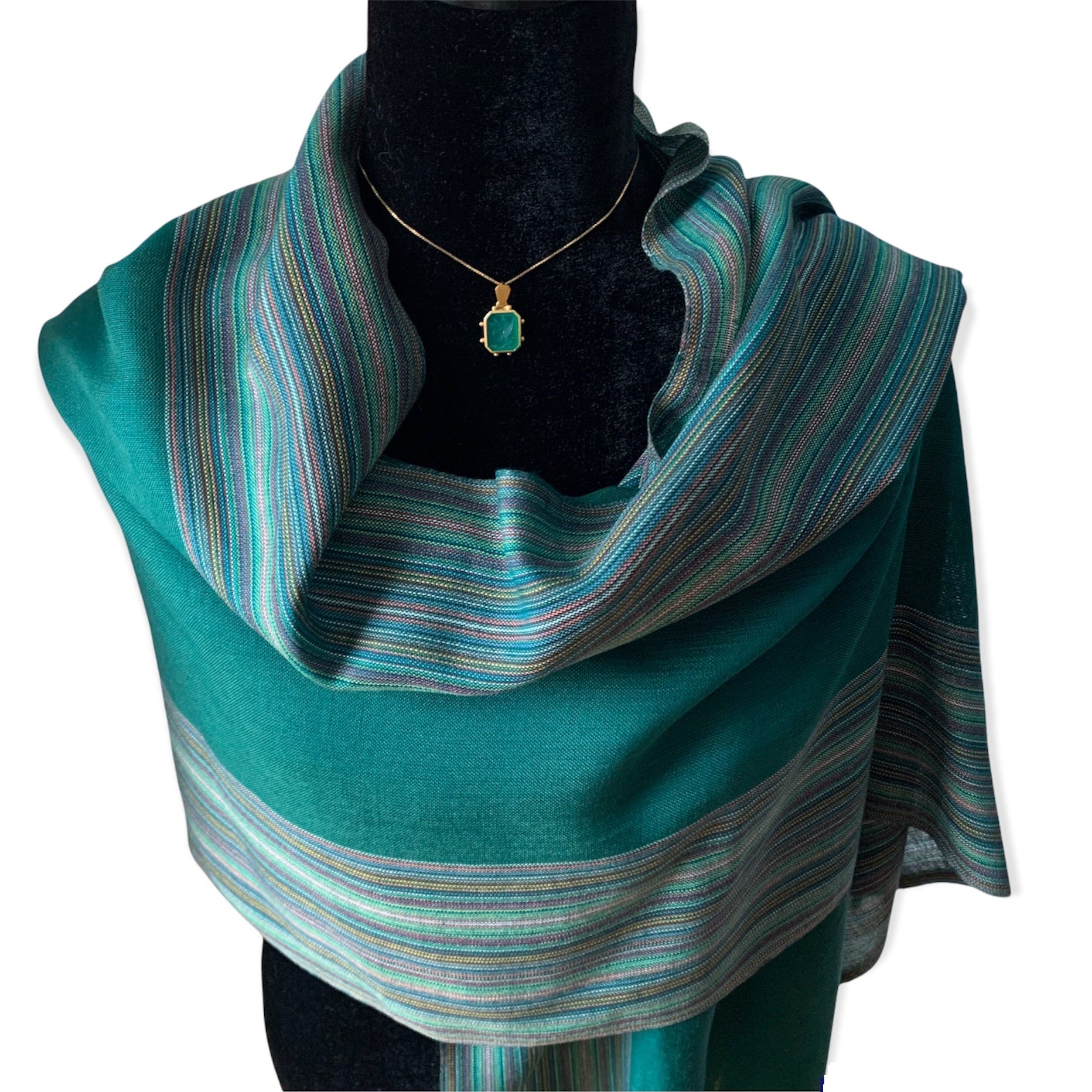 Striped-frame Handwoven Scarf - Pine Green