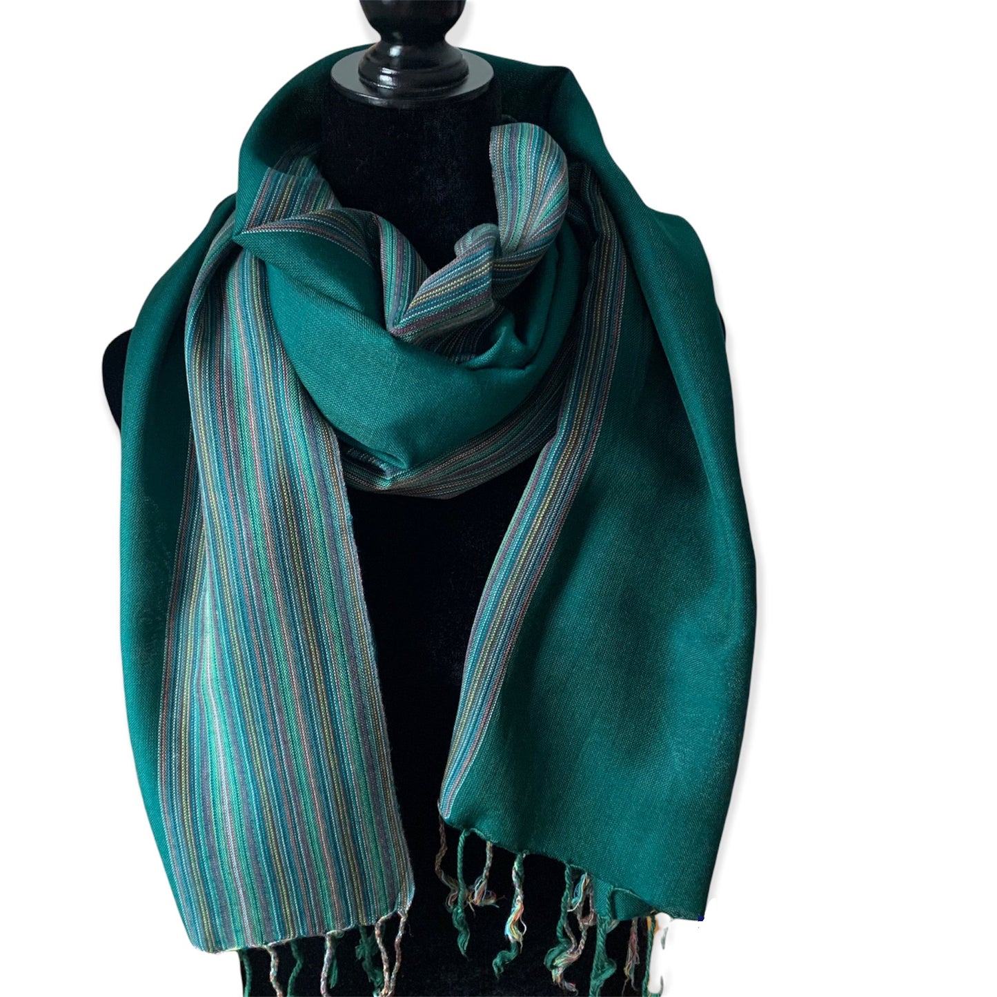 Striped-frame Handwoven Scarf - Pine Green