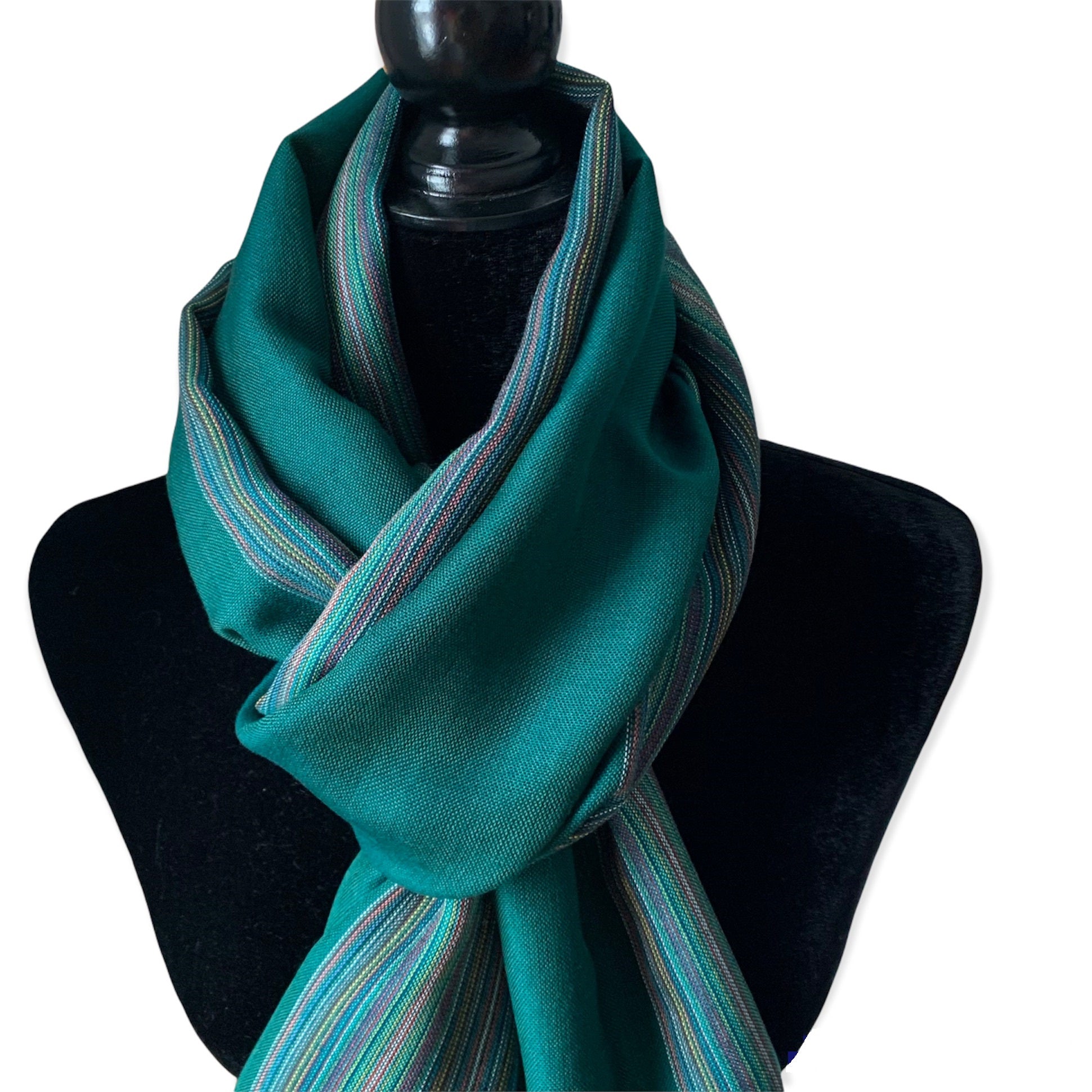 Striped-frame Handwoven Scarf - Pine Green