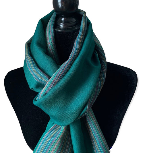 Striped-frame Handwoven Scarf - Pine Green