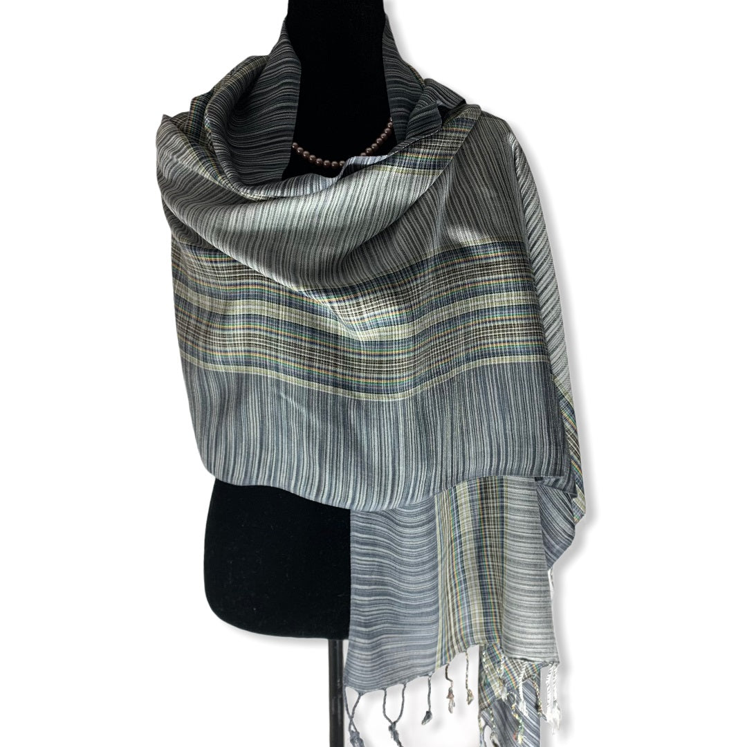 Striped Handwoven Scarf - Shades of Gray & Mustard