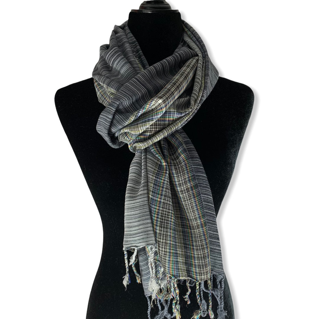 Striped Handwoven Scarf - Shades of Gray & Mustard