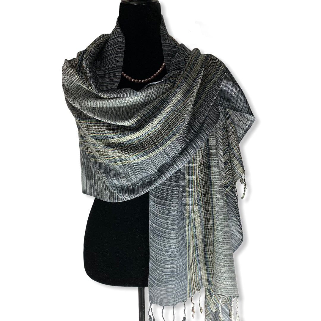 Striped Handwoven Scarf - Shades of Gray & Mustard