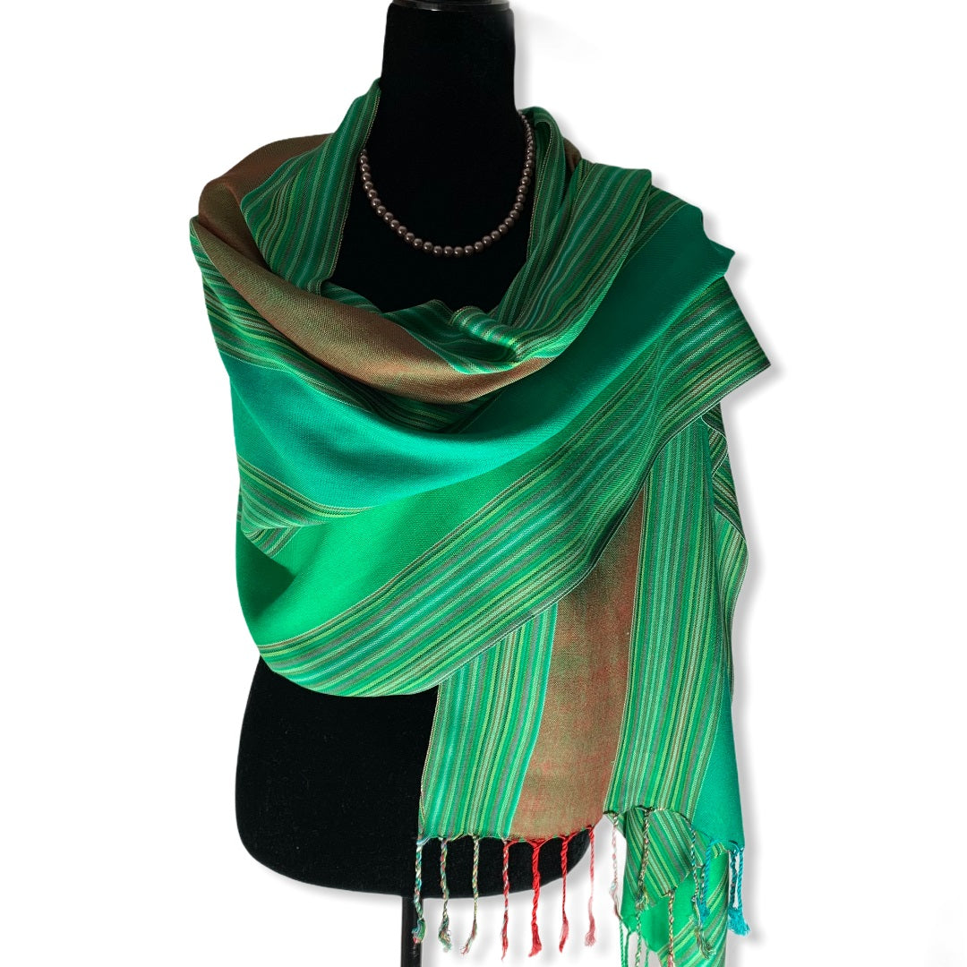 Striped Handwoven Scarf - Green & Turquoise