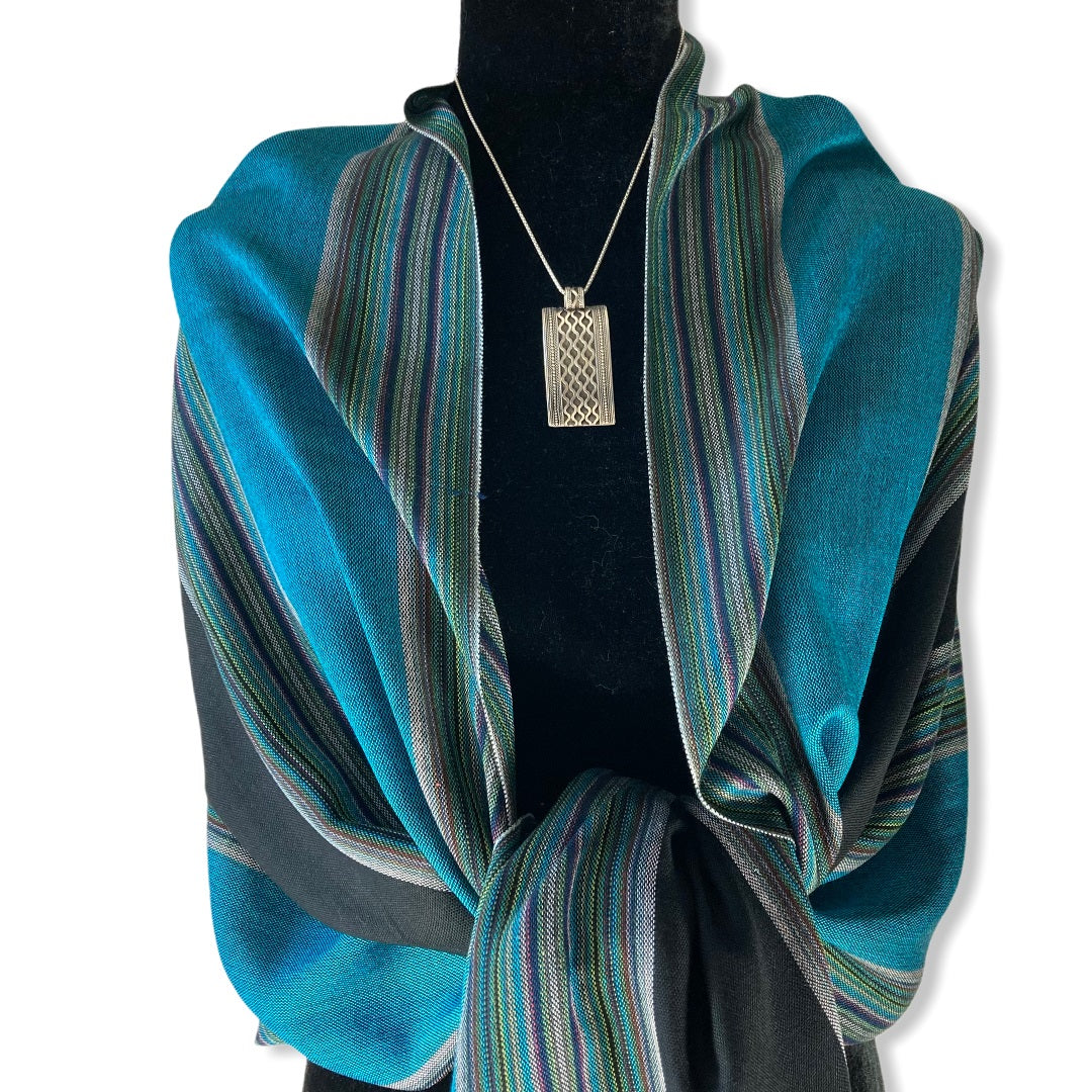 Striped Handwoven Scarf - Turquoise & Black