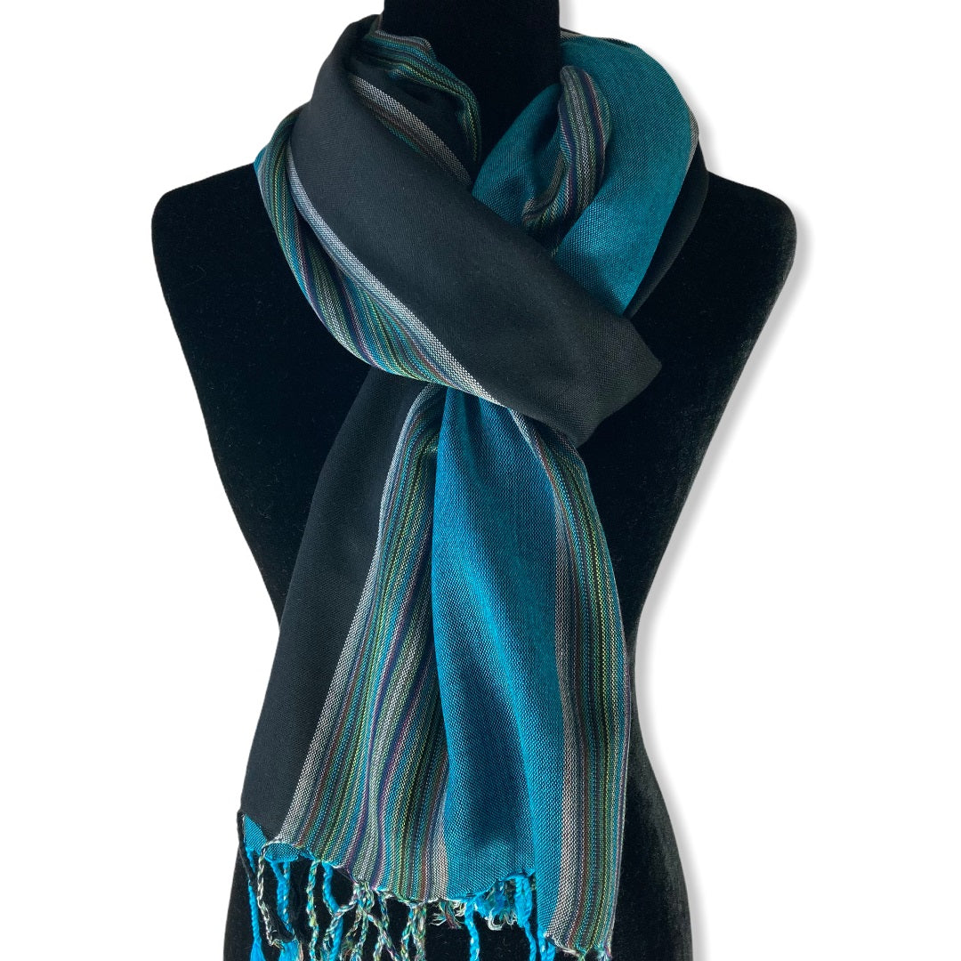 Striped Handwoven Scarf - Turquoise & Black