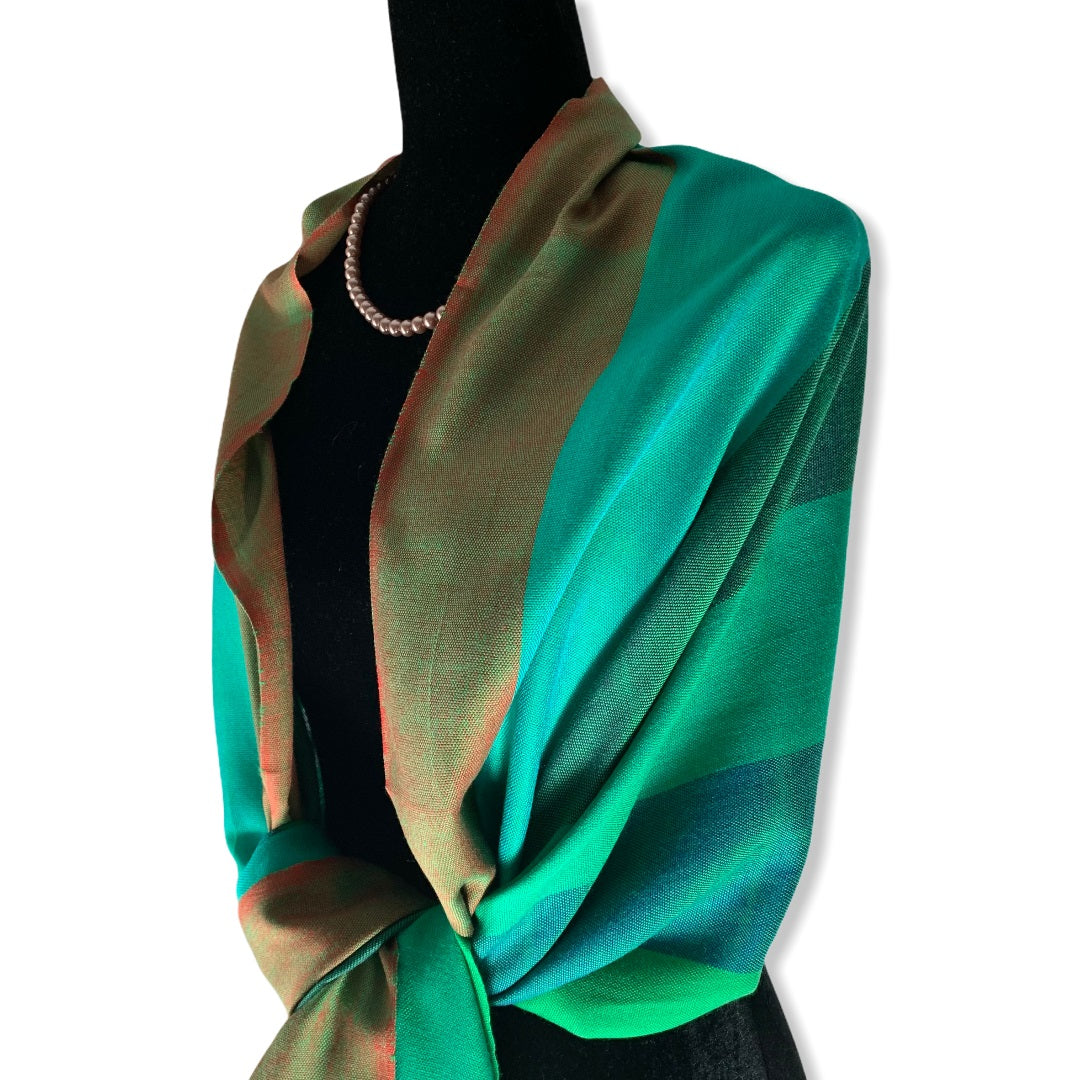 Wide Striped Handwoven Scarf - Emerald & Green