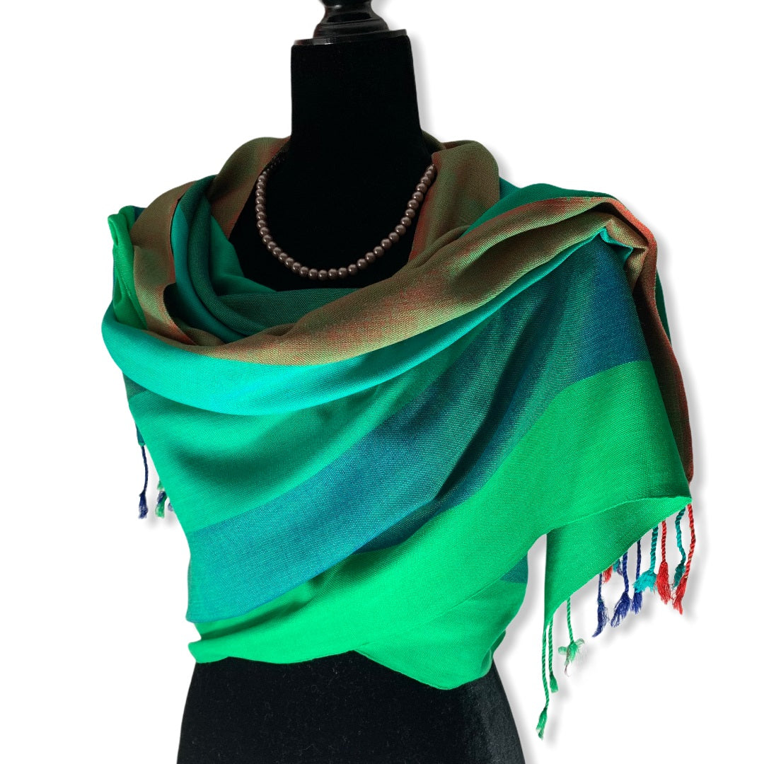 Wide Striped Handwoven Scarf - Emerald & Green
