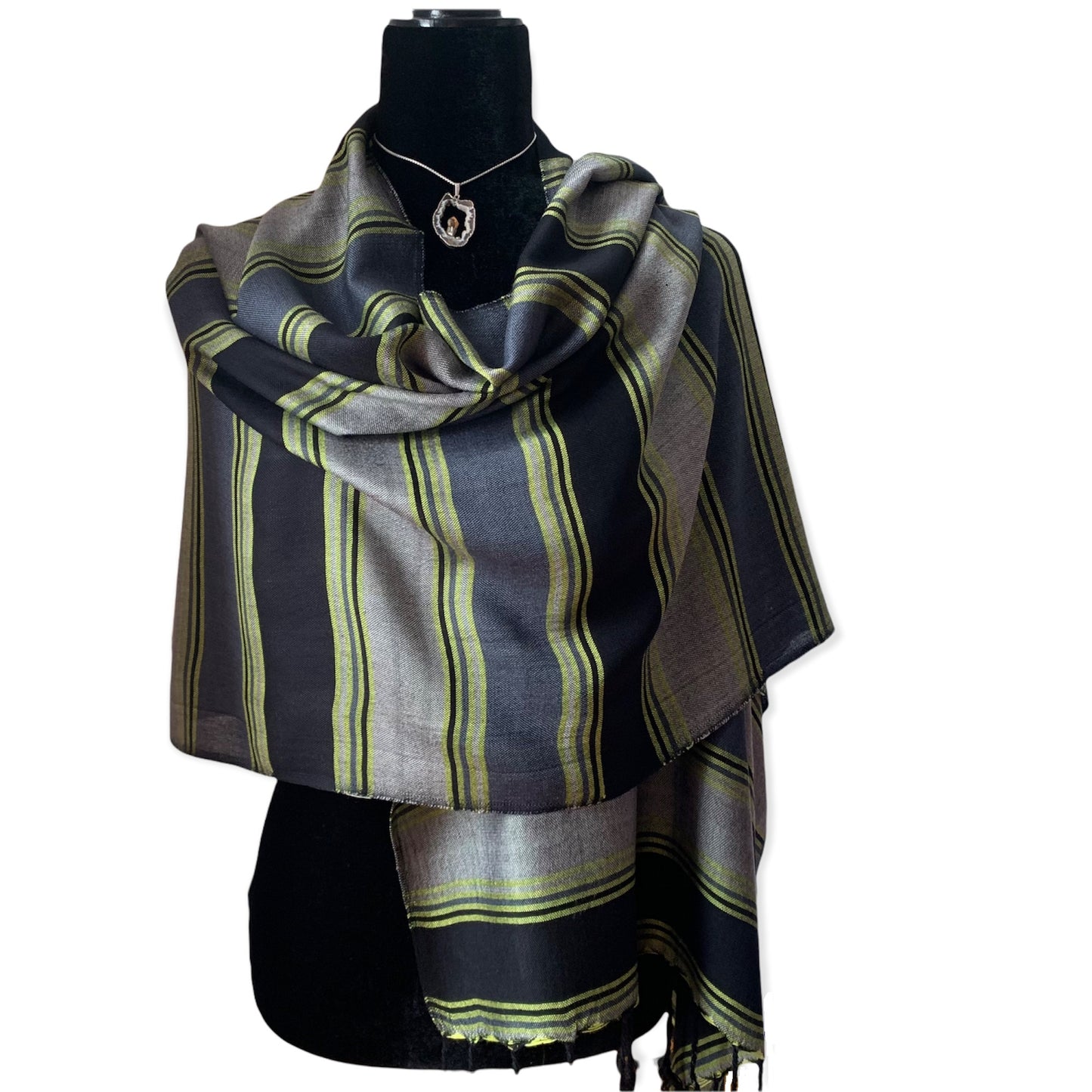 Horizontally Striped Handwoven Scarf - Black, Gray & Yellow