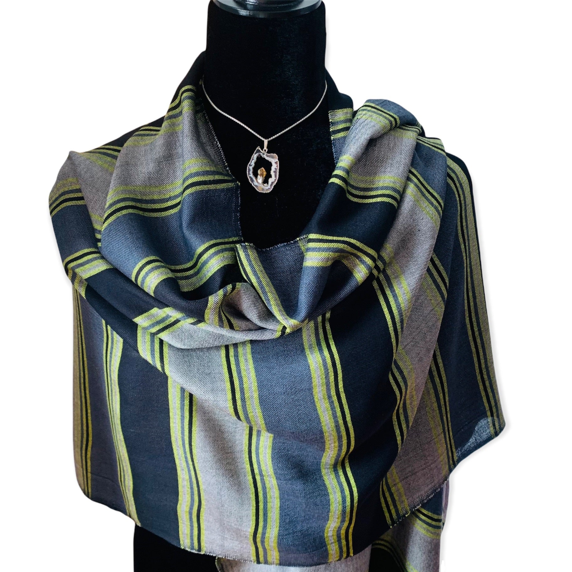 Horizontally Striped Handwoven Scarf - Black, Gray & Yellow