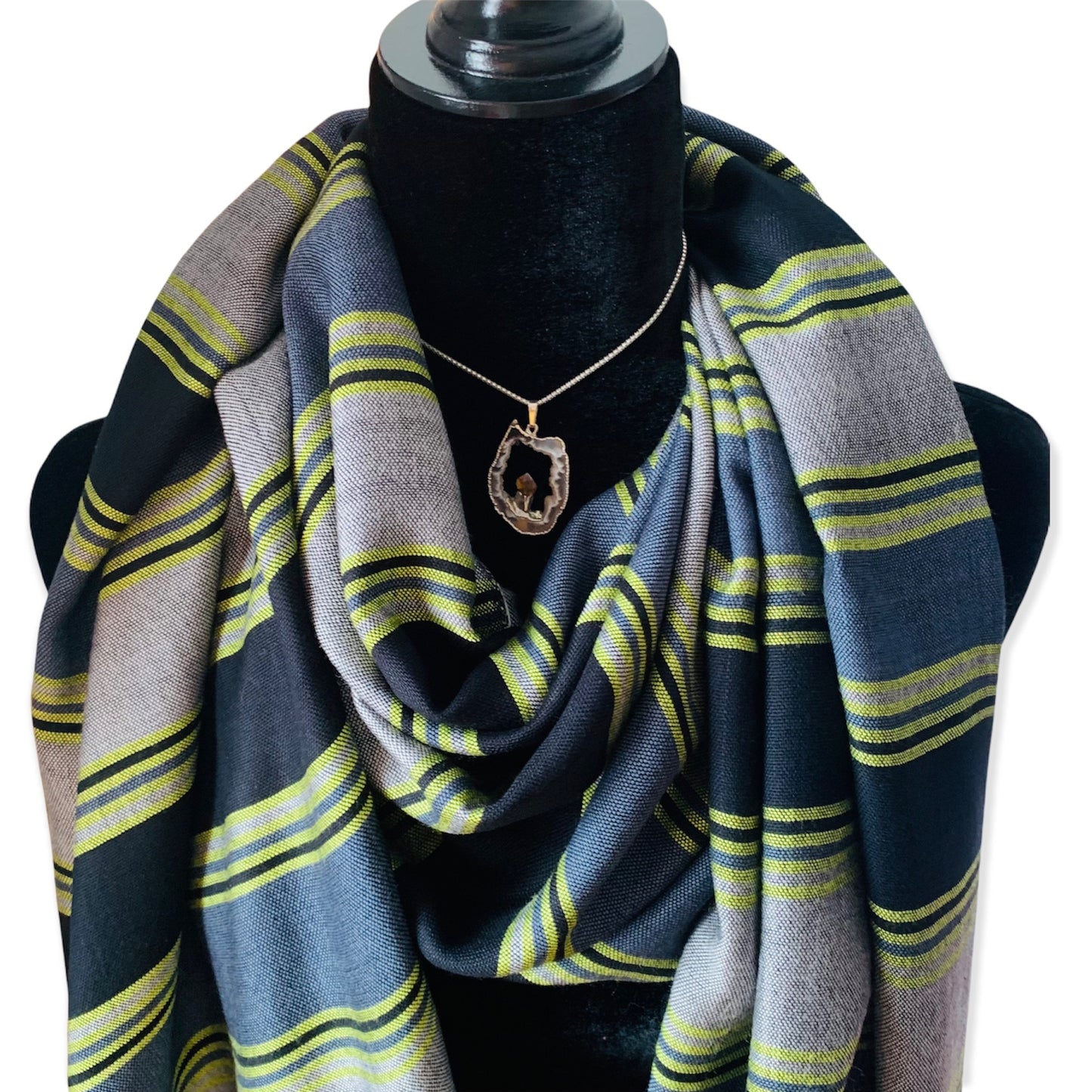 Horizontally Striped Handwoven Scarf - Black, Gray & Yellow