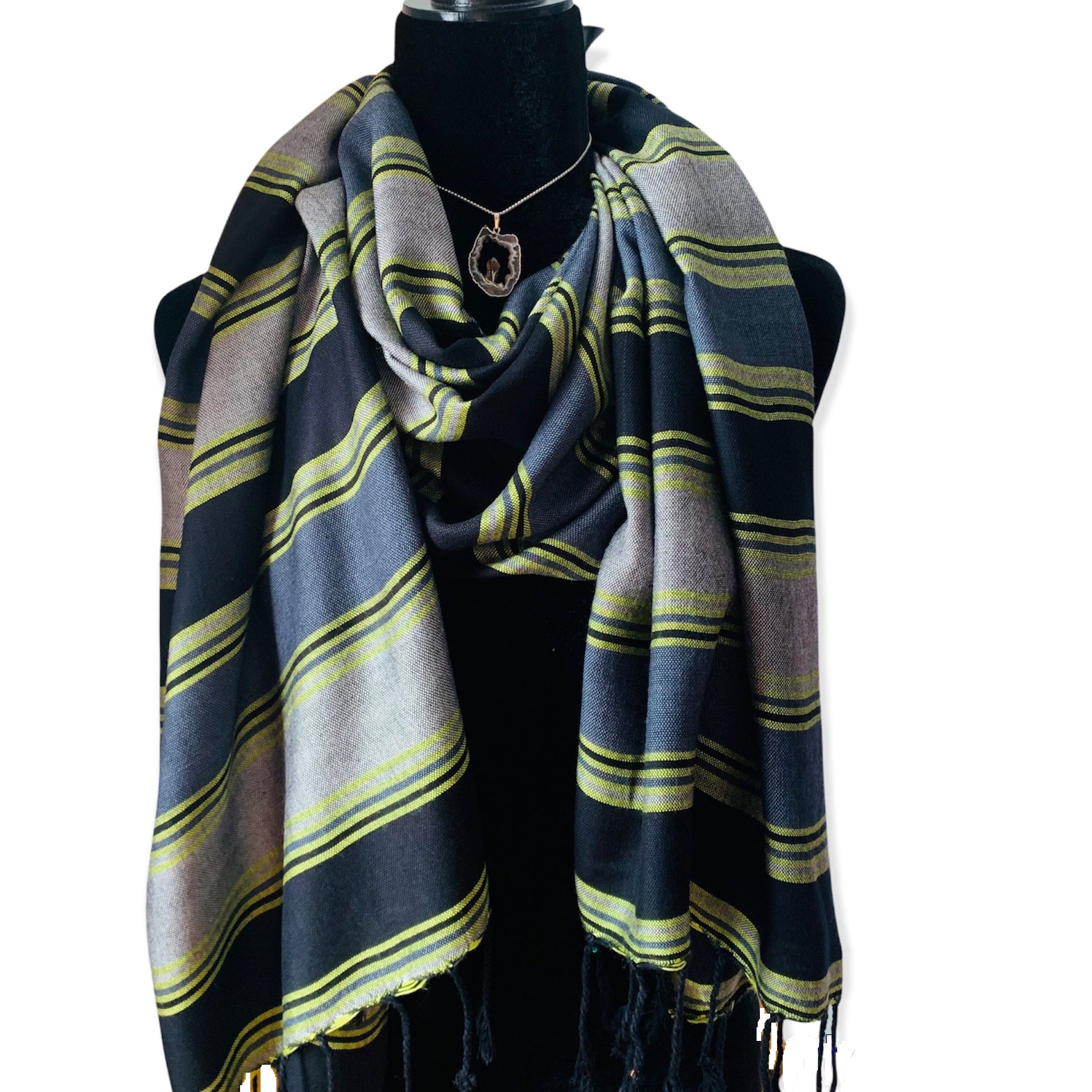 Horizontally Striped Handwoven Scarf - Black, Gray & Yellow