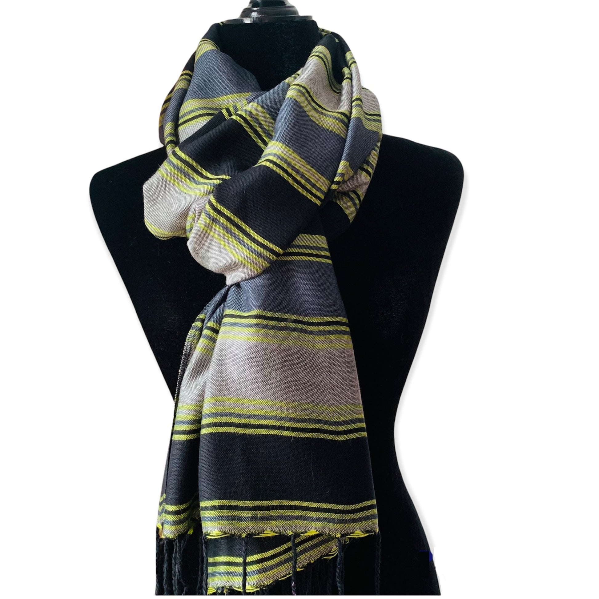 Horizontally Striped Handwoven Scarf - Black, Gray & Yellow