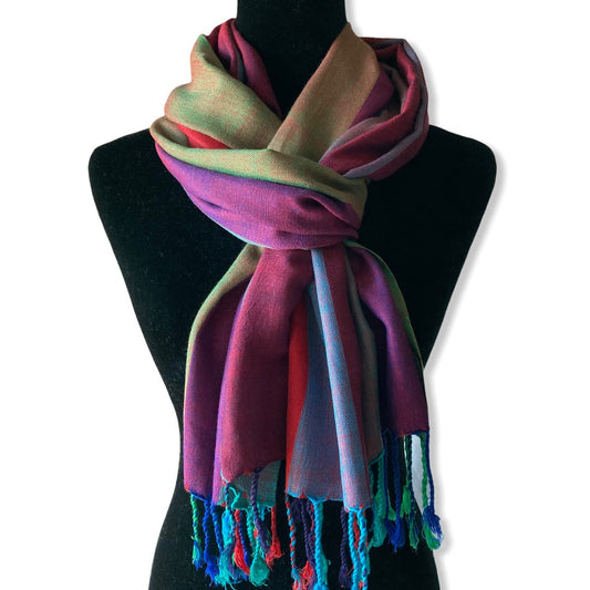 Wide Striped Handwoven Scarf - Purple, Violet & Olive