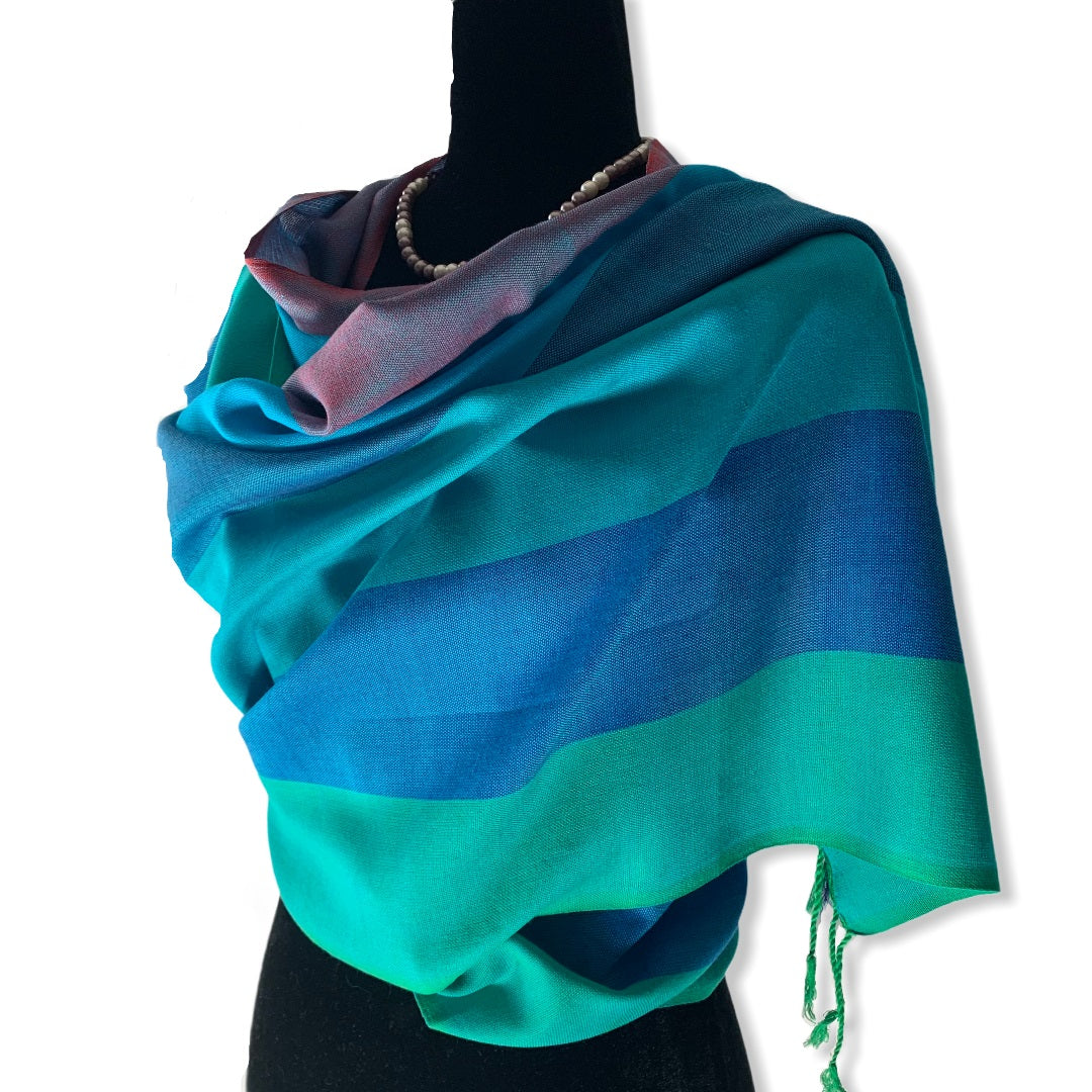 Wide Striped Handwoven Scarf - Shades of Turquoise