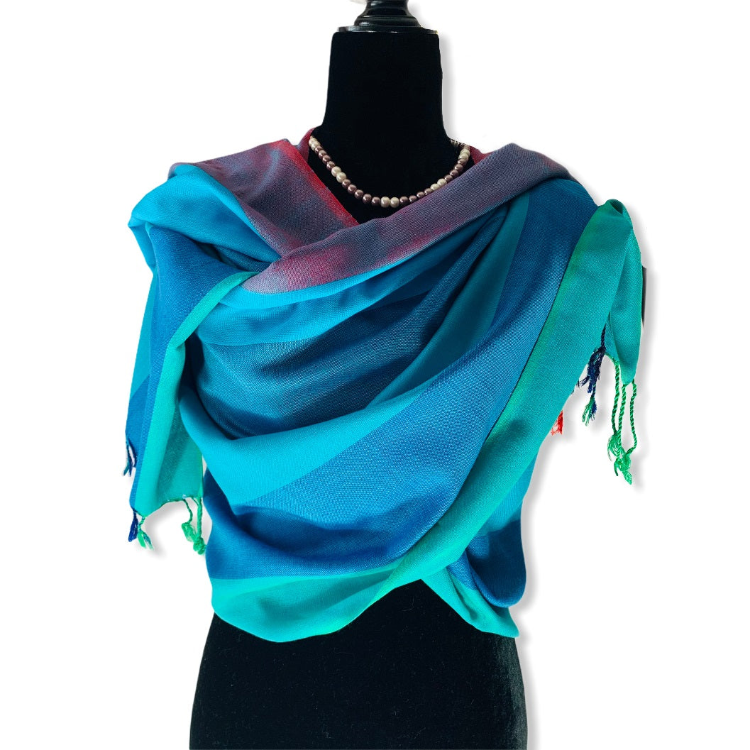 Wide Striped Handwoven Scarf - Shades of Turquoise
