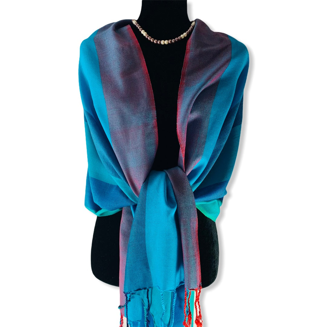 Wide Striped Handwoven Scarf - Shades of Turquoise