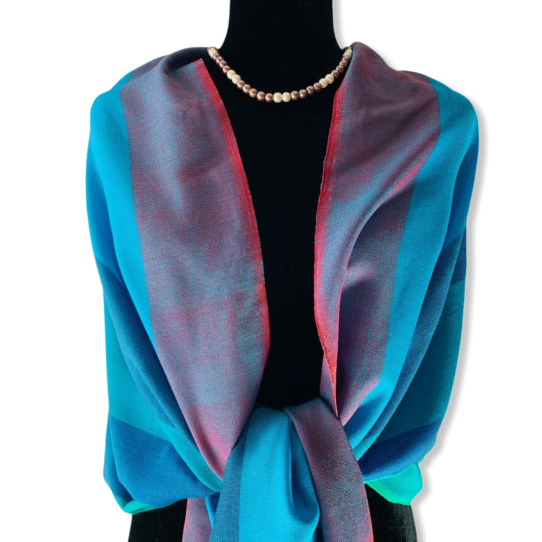 Wide Striped Handwoven Scarf - Shades of Turquoise
