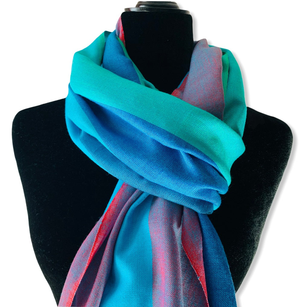 Wide Striped Handwoven Scarf - Shades of Turquoise