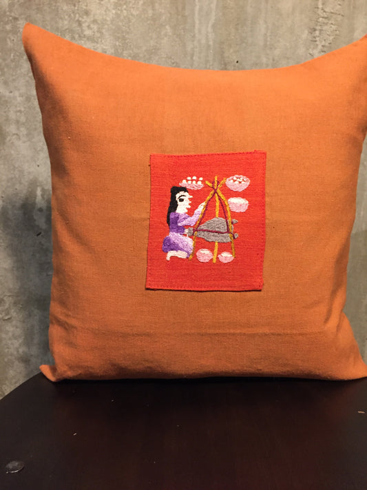 Handwoven Egyptian Cotton Cushion Cover - Hand Embroidered Art - Woman Making Cheese
