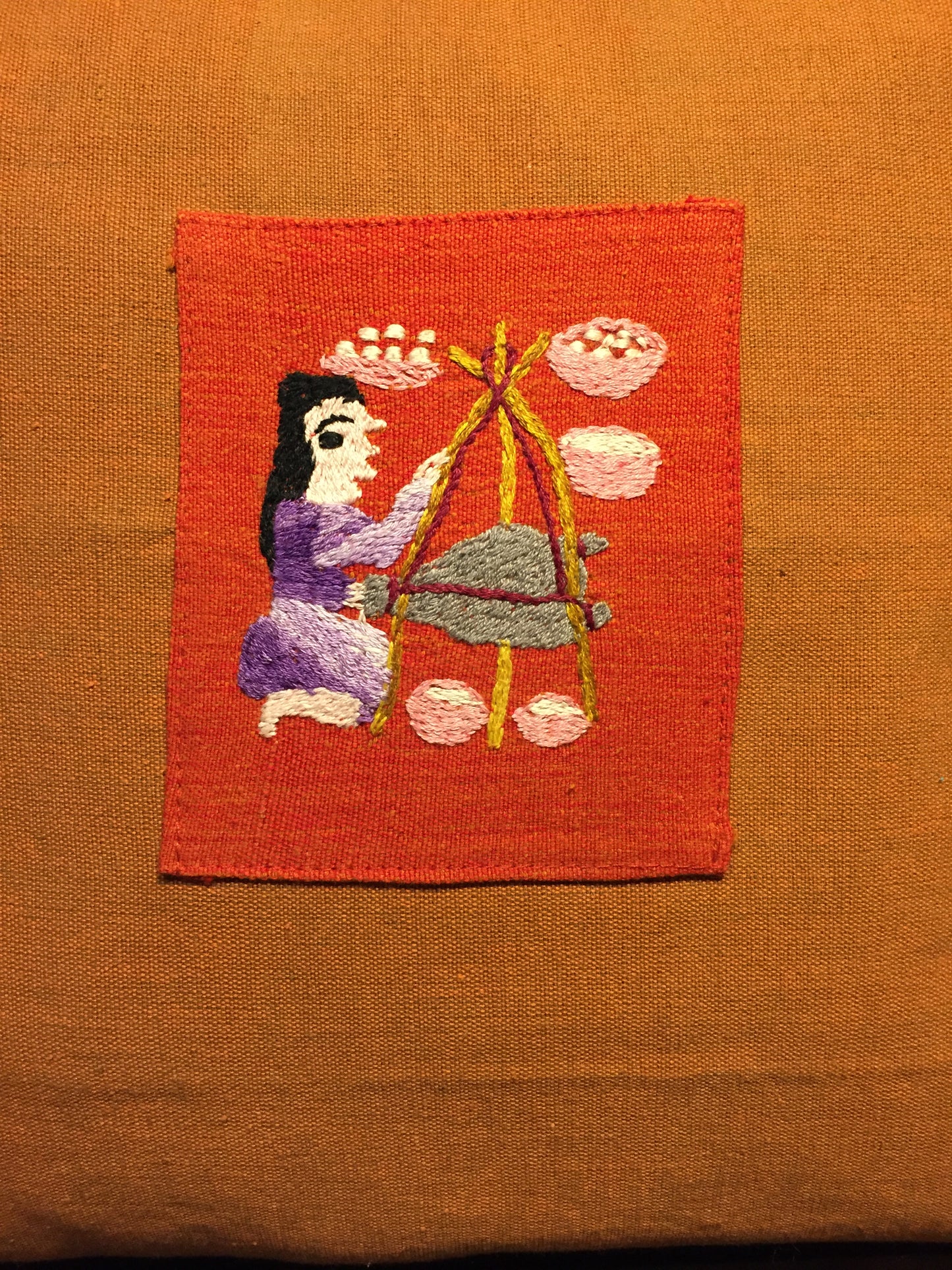 Handwoven Egyptian Cotton Cushion Cover - Hand Embroidered Art - Woman Making Cheese