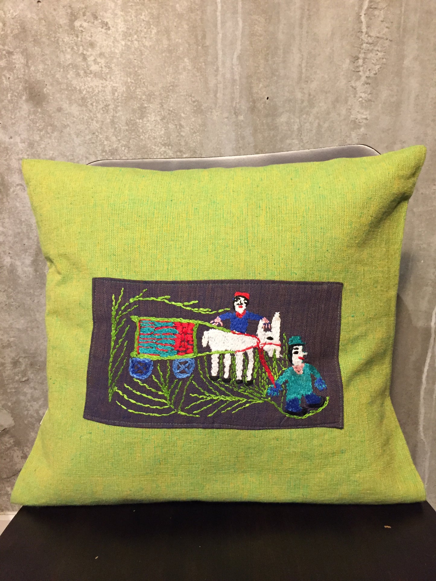 Handwoven Egyptian Cotton Cushion Cover - Hand Embroidered Art - Donkey Drawn Cart