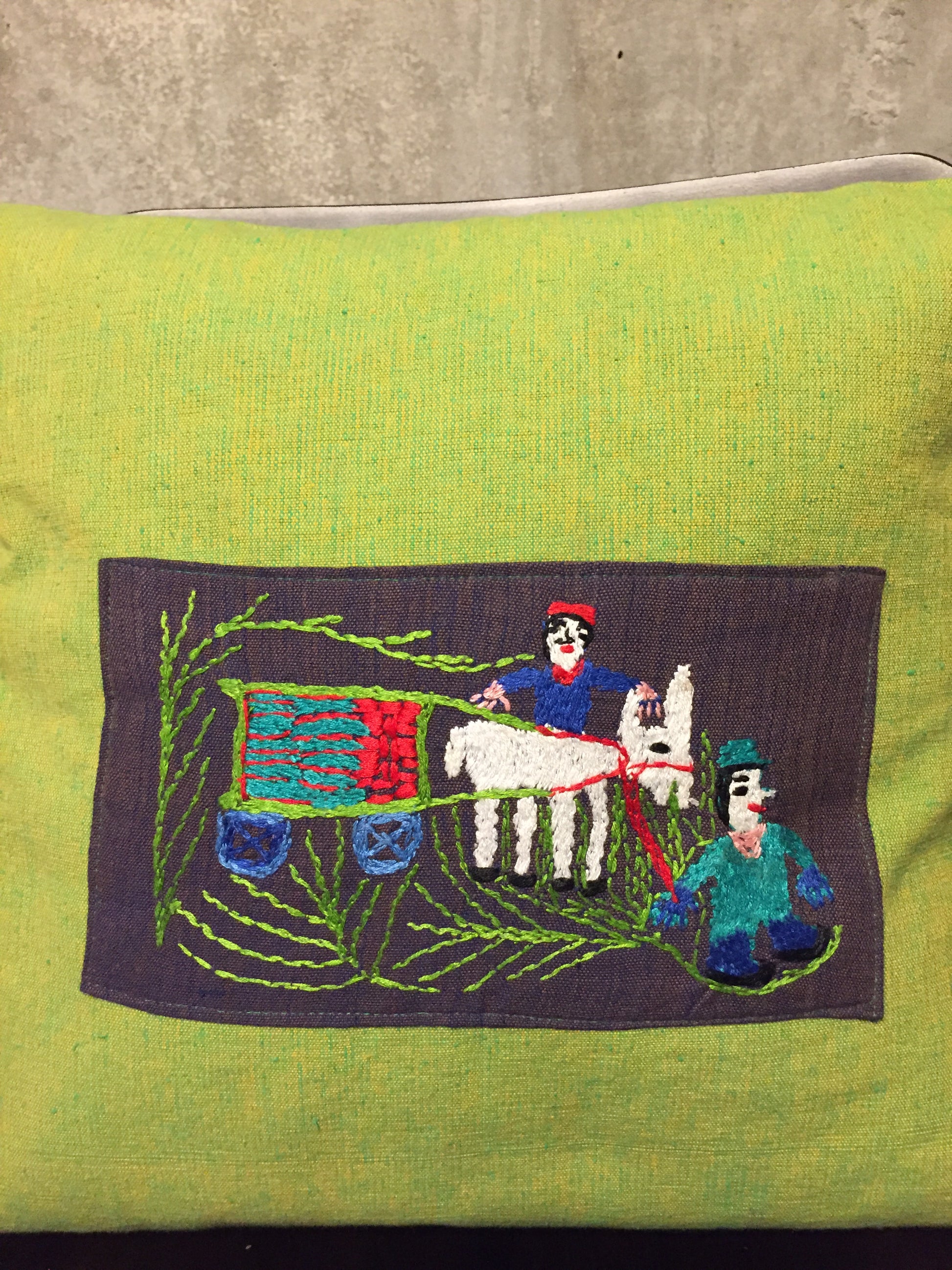 Handwoven Egyptian Cotton Cushion Cover - Hand Embroidered Art - Donkey Drawn Cart