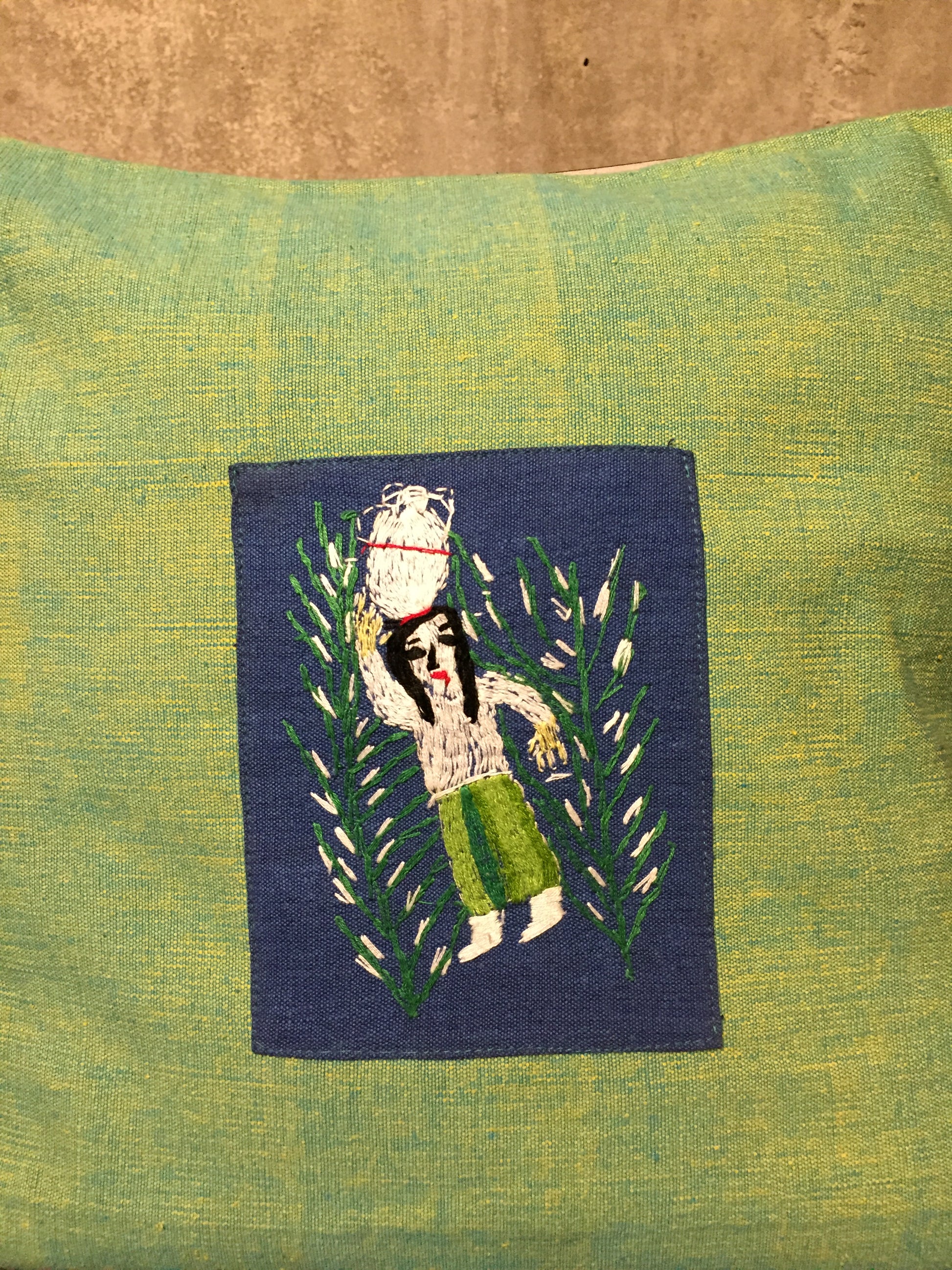 Handwoven Egyptian Cotton Cushion Cover - Hand Embroidered Art - Fellaha Carrying Water Jar