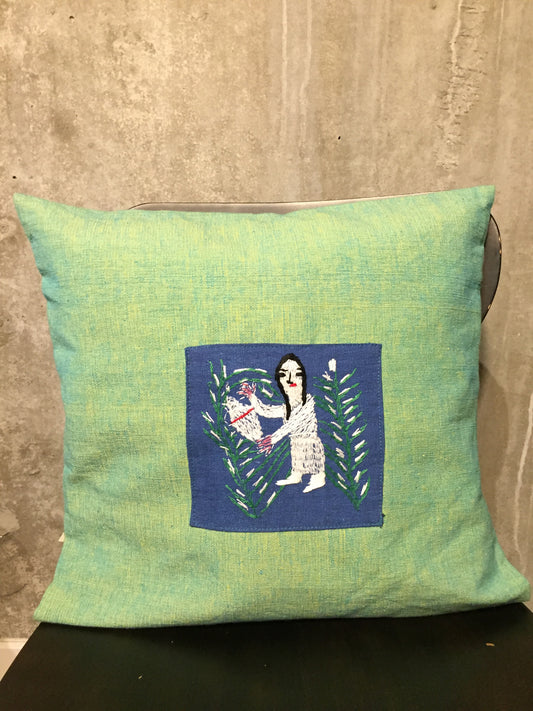 Handwoven Egyptian Cotton Cushion Cover - Embroidered Fellaha Harvesting Wheat - Dandarah