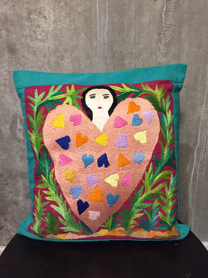 Handwoven Egyptian Cotton Cushion Cover - Hand Embroidered Art - Woman with Big Pink Heart