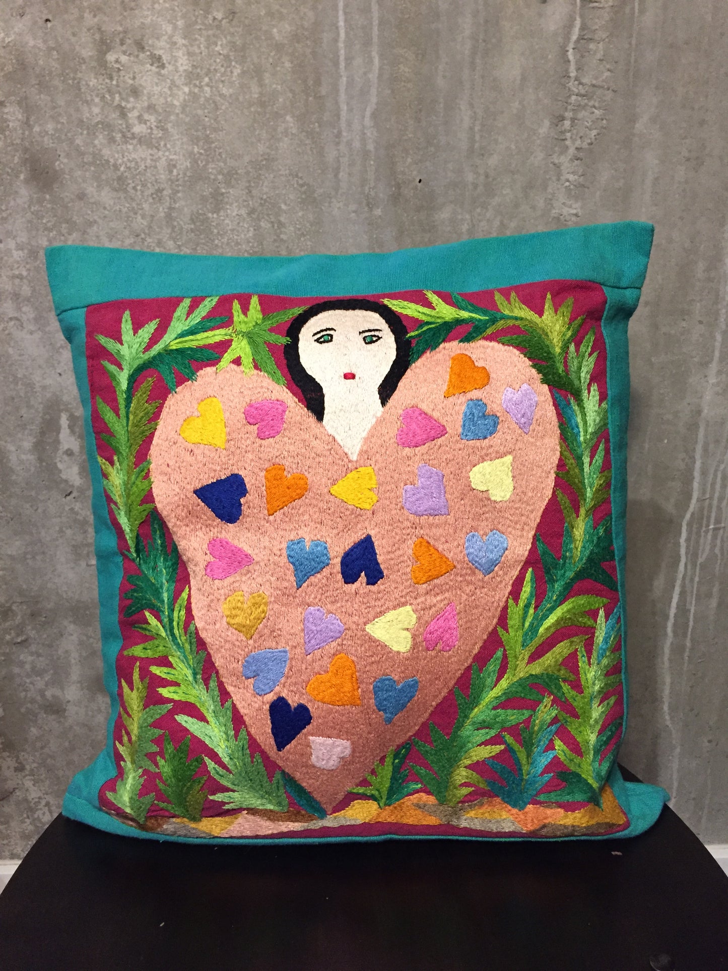 Handwoven Egyptian Cotton Cushion Cover - Hand Embroidered Art - Woman with Big Pink Heart