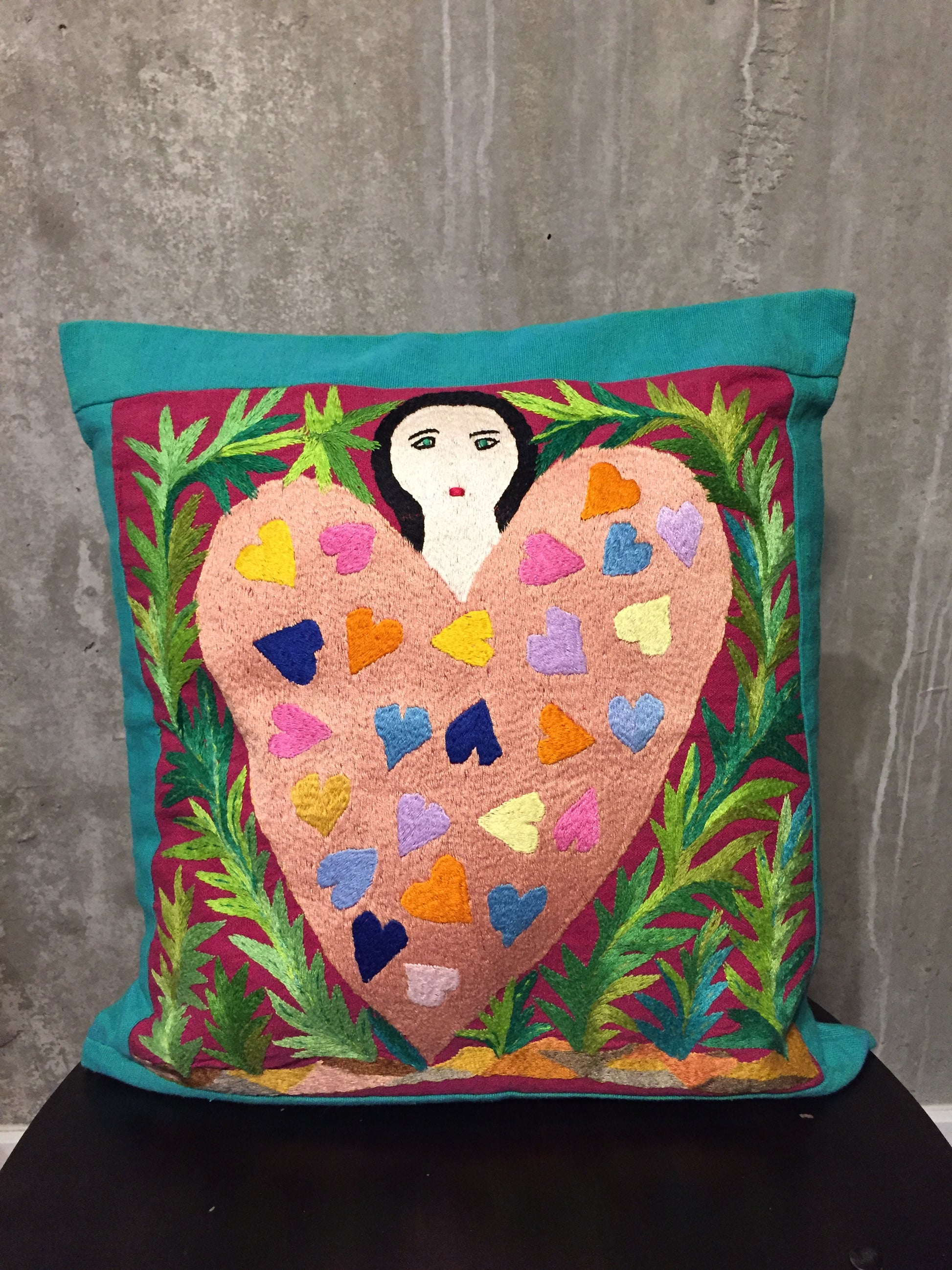 Handwoven Egyptian Cotton Cushion Cover - Hand Embroidered Art - Woman with Big Pink Heart
