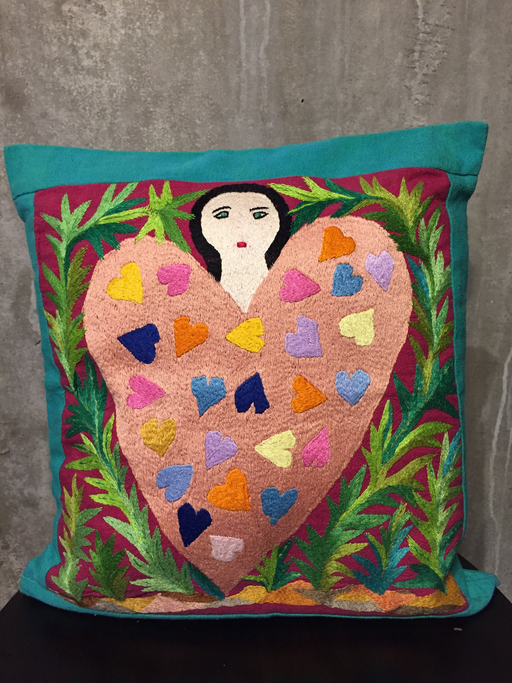 Handwoven Egyptian Cotton Cushion Cover - Hand Embroidered Art - Woman with Big Pink Heart