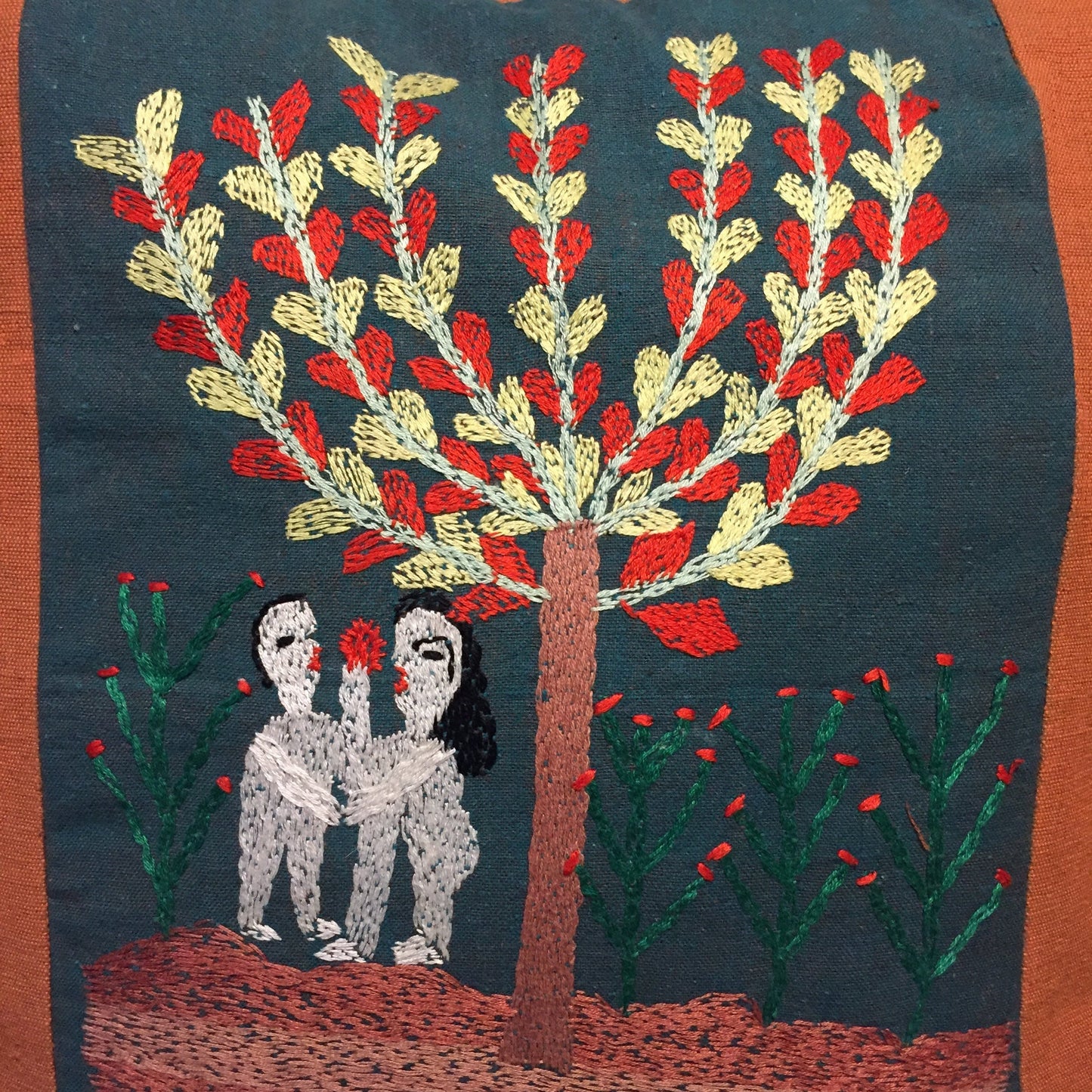 Handwoven Egyptian Cotton Cushion Cover - Hand Embroidered Art - Adam & Eve