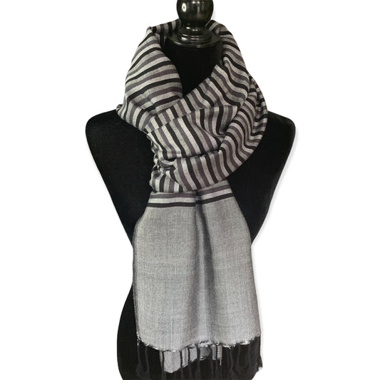 Horizontally Striped Handwoven Scarf - Shades of Gray