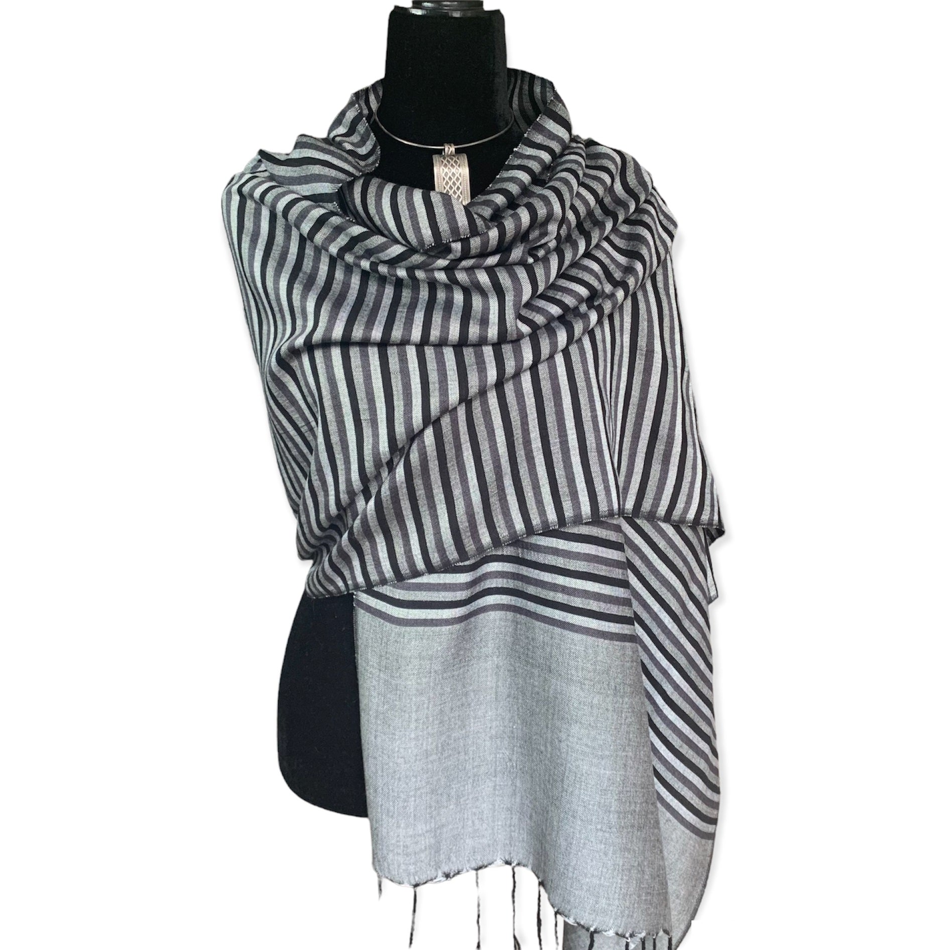Horizontally Striped Handwoven Scarf - Shades of Gray