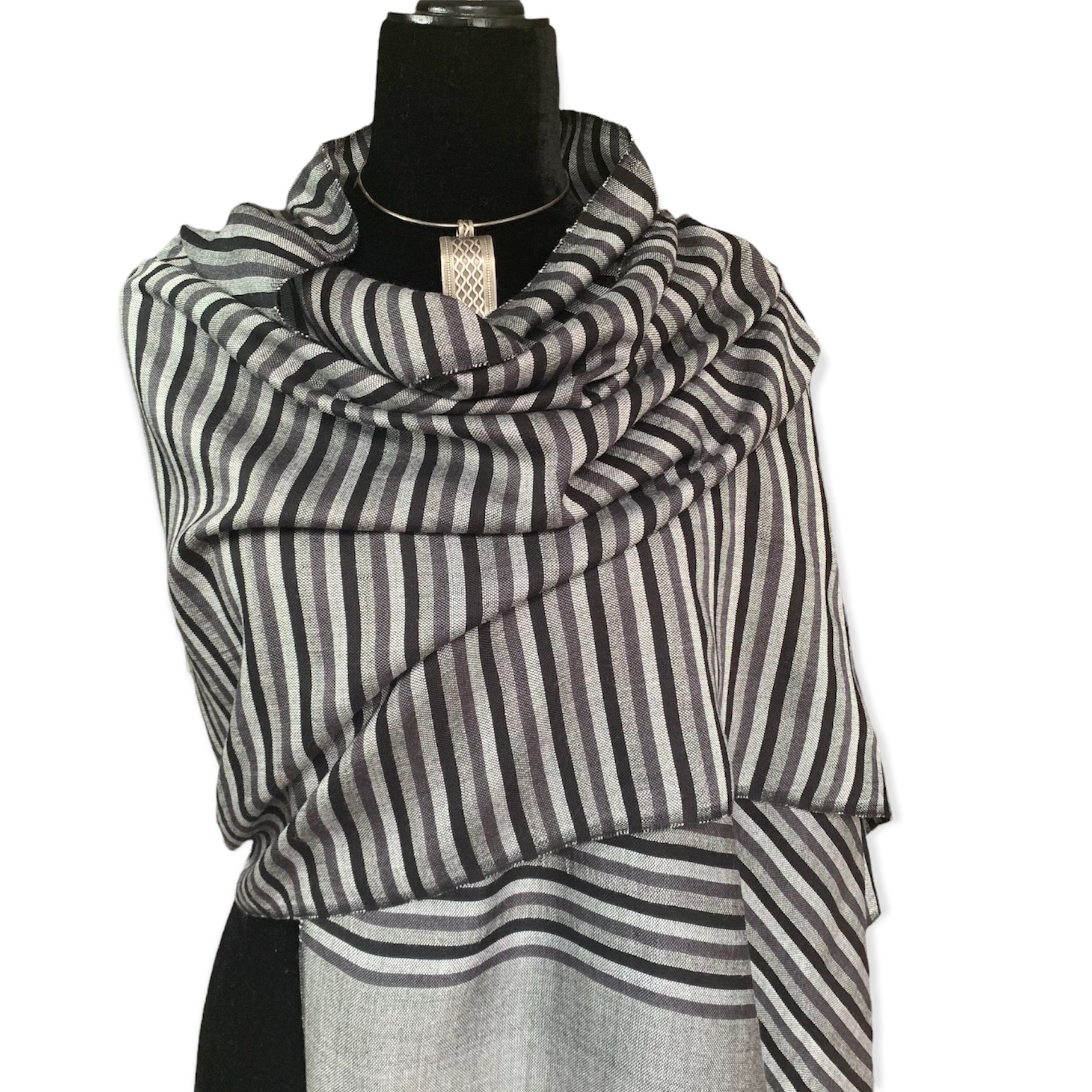 Horizontally Striped Handwoven Scarf - Shades of Gray
