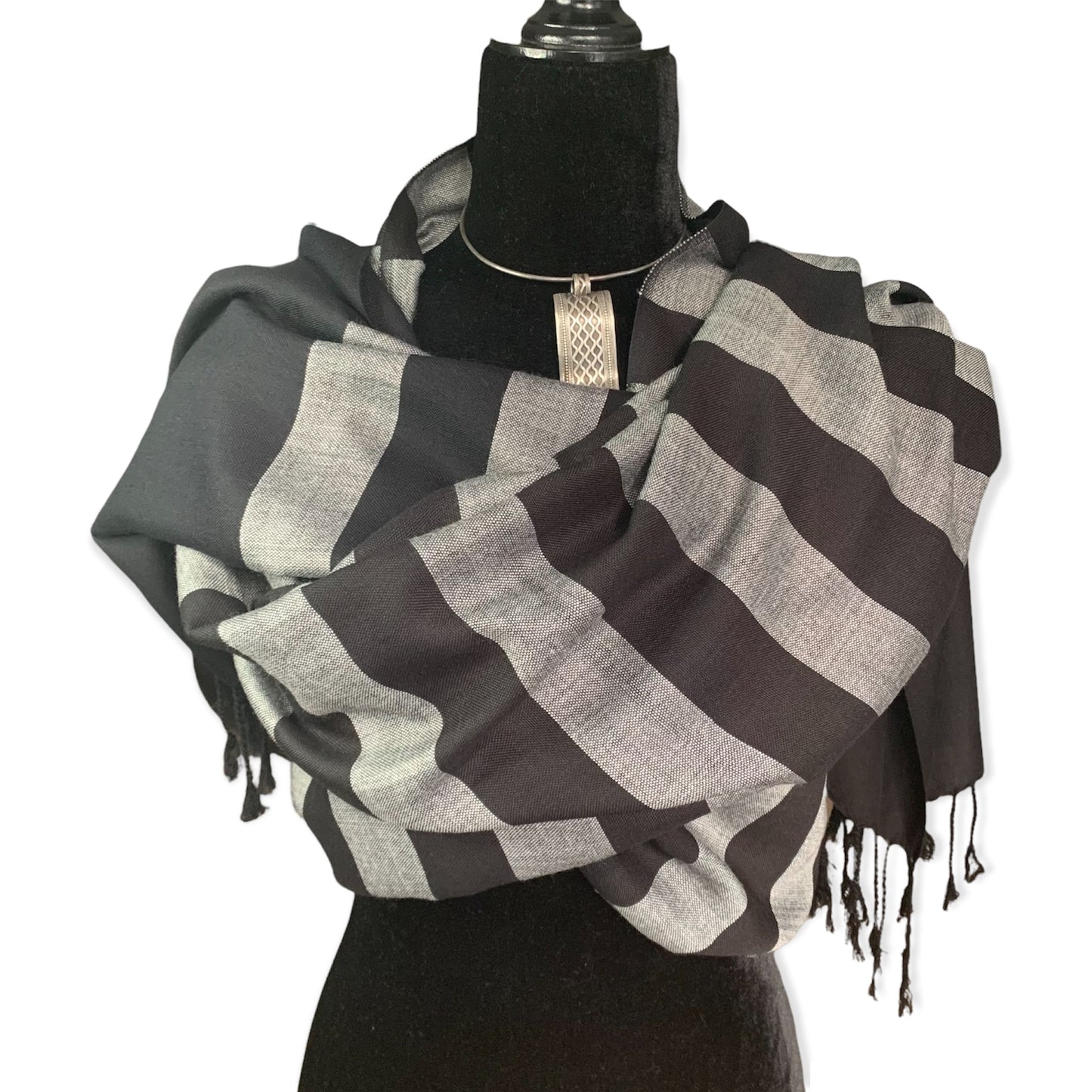 Horizontally Striped Handwoven Scarf - Black & Gray